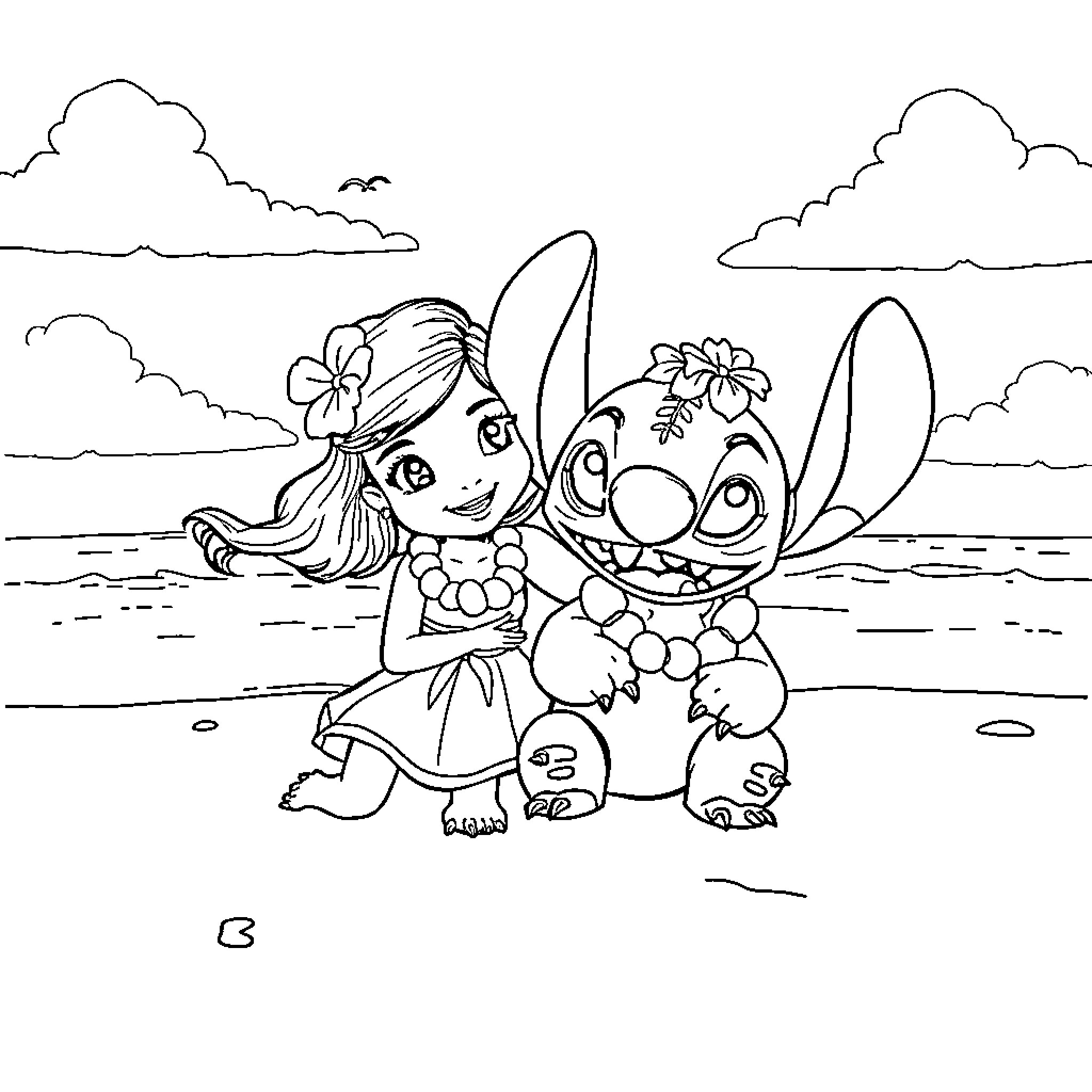 Lilo and Stitch playing happily on the beach Coloring Page (free black-and-white line drawing printable PDF for all, from beginners to advanced learners, including children, teens, adults, and seniors)
