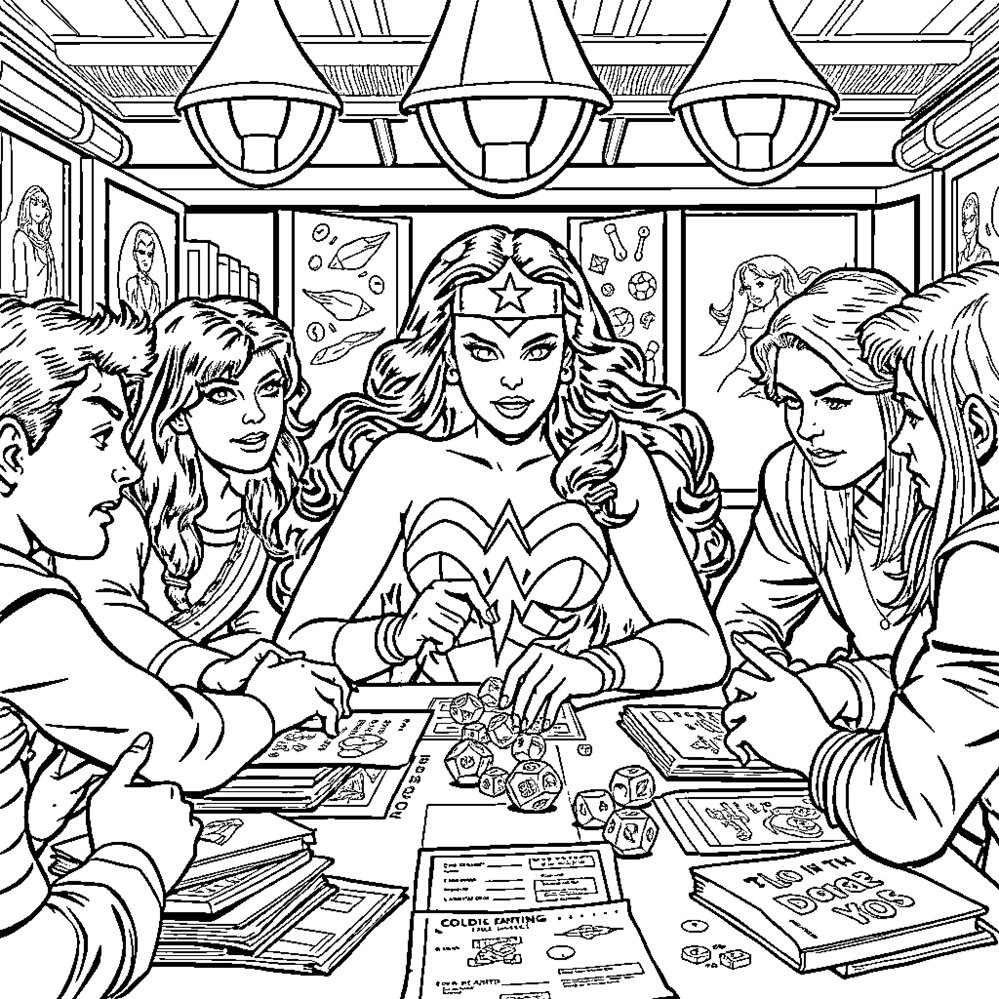 Wonder Woman and friends gather around a table Coloring Page (free black-and-white line drawing printable PDF for all, from beginners to advanced learners, including children, teens, adults, and seniors)