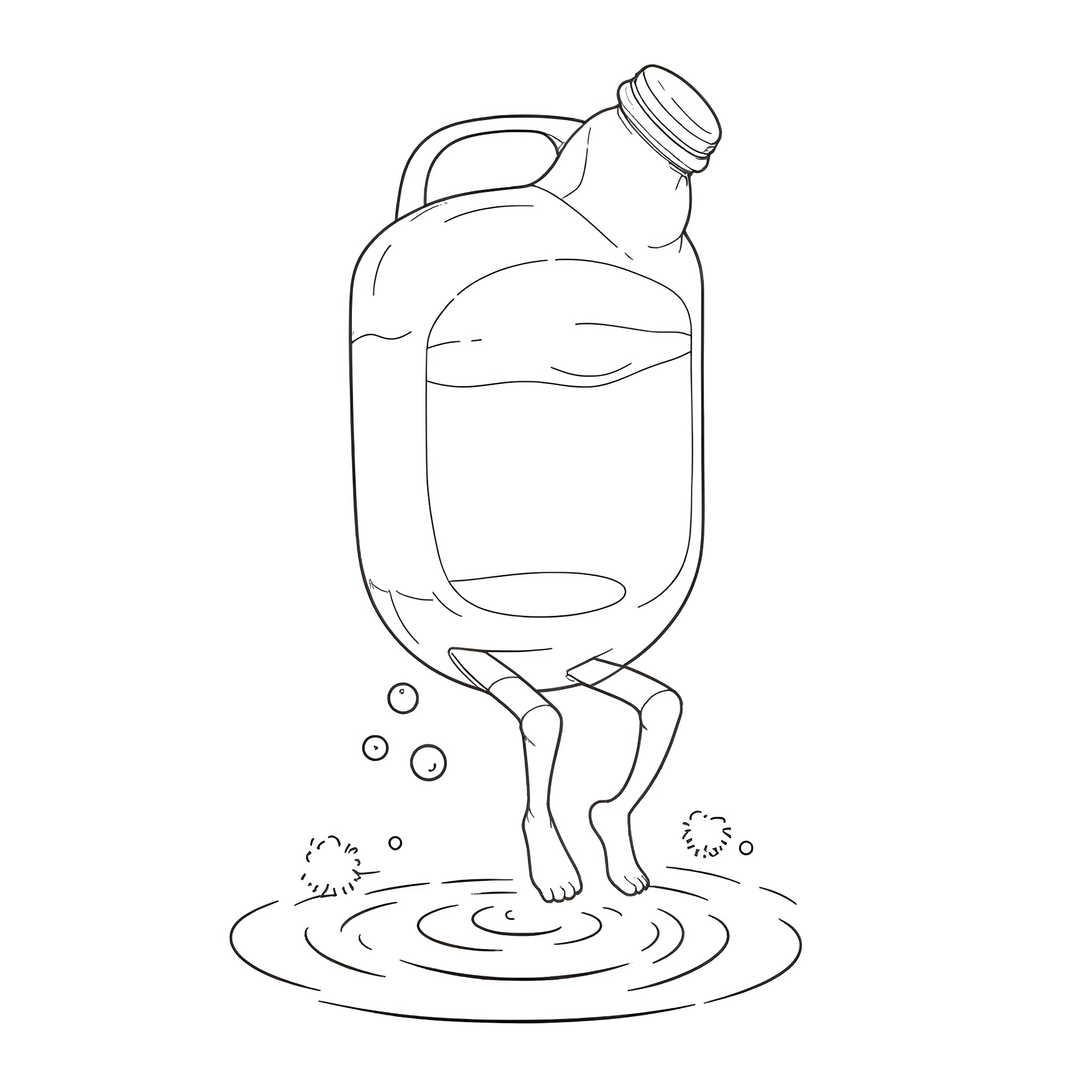 Water Bottle Floating in Puddle Coloring Page (free black-and-white line drawing printable PDF for all, from beginners to advanced learners, including children, teens, adults, and seniors)