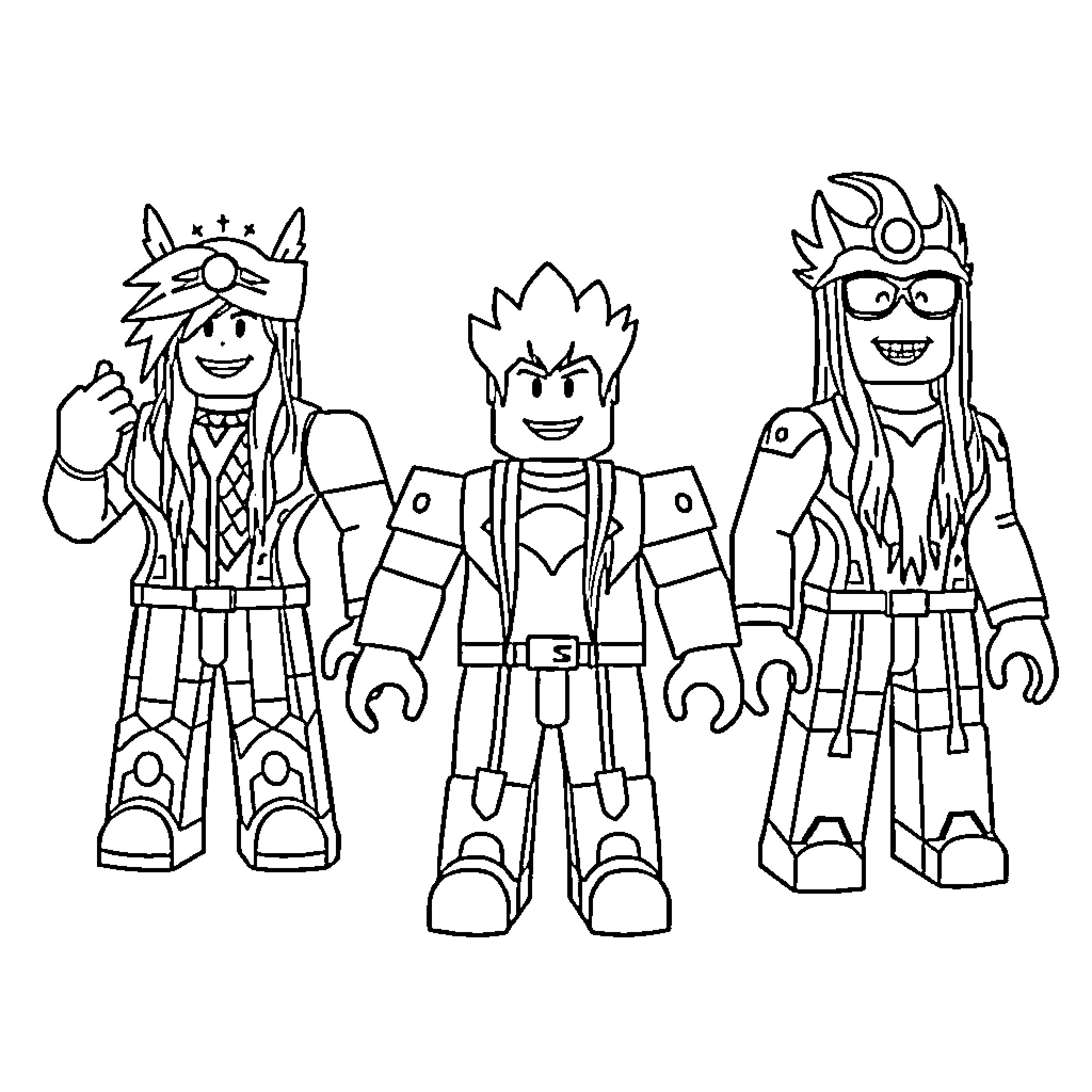Roblox Character Group Posing Together Coloring Page (free black-and-white line drawing printable PDF for all, from beginners to advanced learners, including children, teens, adults, and seniors)