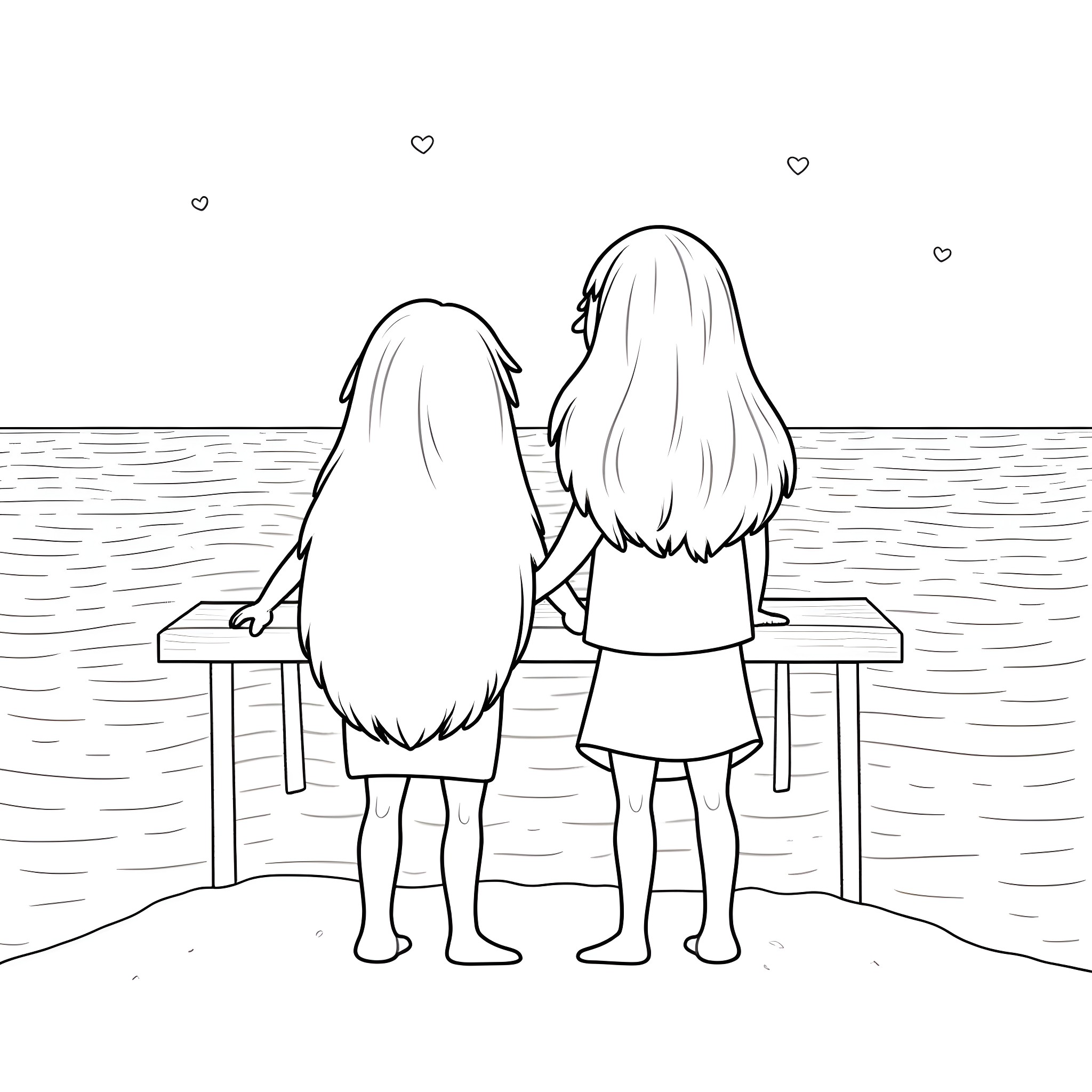 Moana and friend overlooking the ocean Coloring Page (free black-and-white line drawing printable PDF for all, from beginners to advanced learners, including children, teens, adults, and seniors)