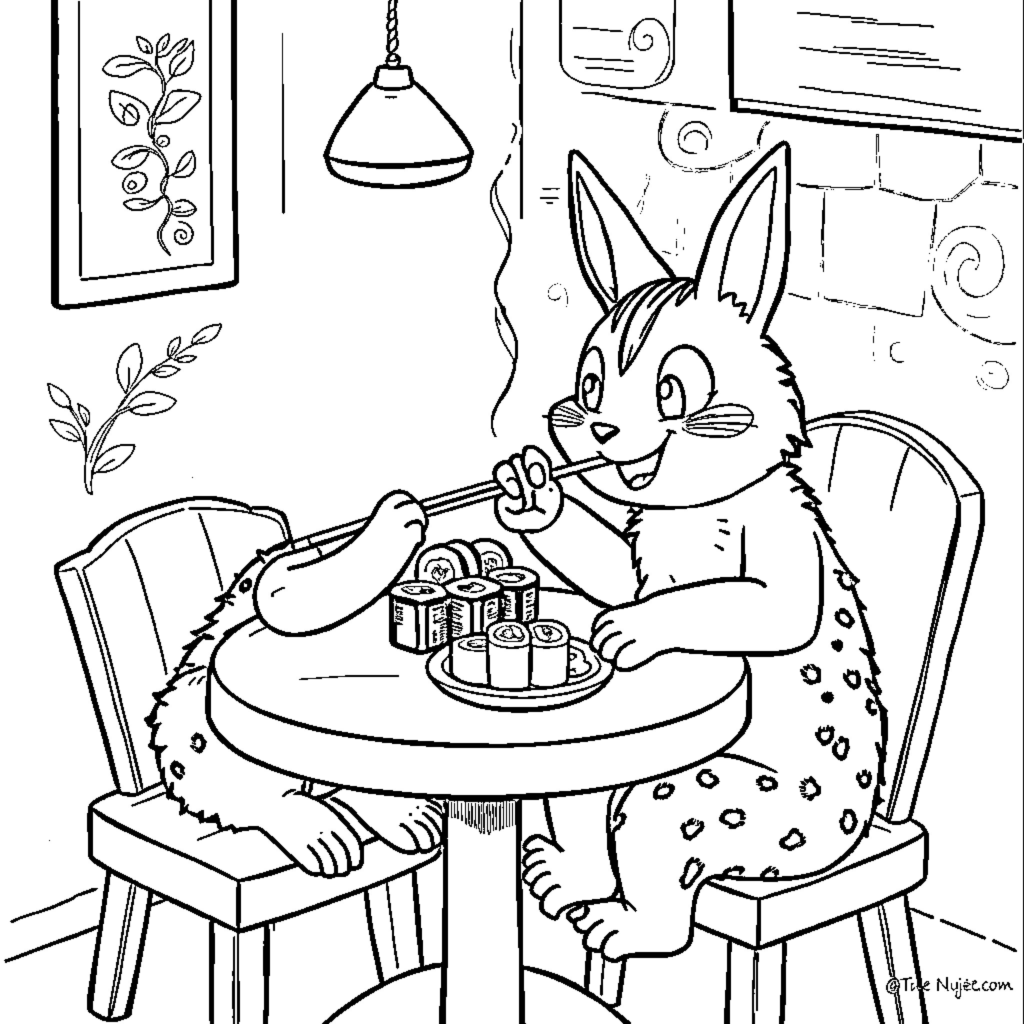Huntrix enjoying a cozy meal at home Coloring Page (free black-and-white line drawing printable PDF for all, from beginners to advanced learners, including children, teens, adults, and seniors)