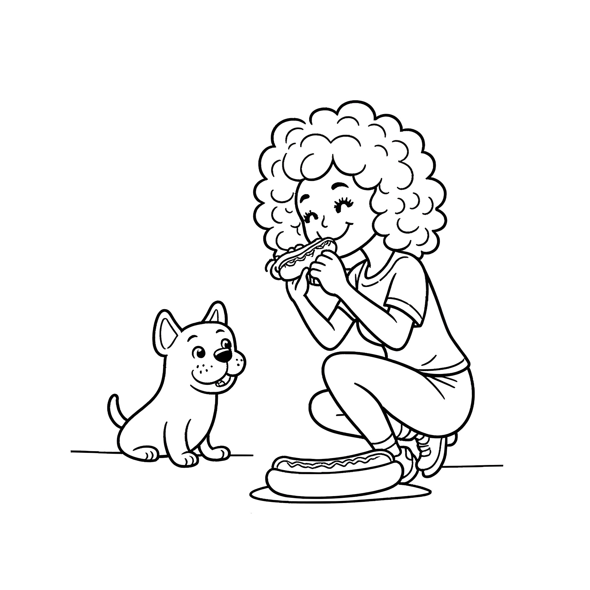 Dog and girl playing with a hot dog Coloring Page (free black-and-white line drawing printable PDF for all, from beginners to advanced learners, including children, teens, adults, and seniors)