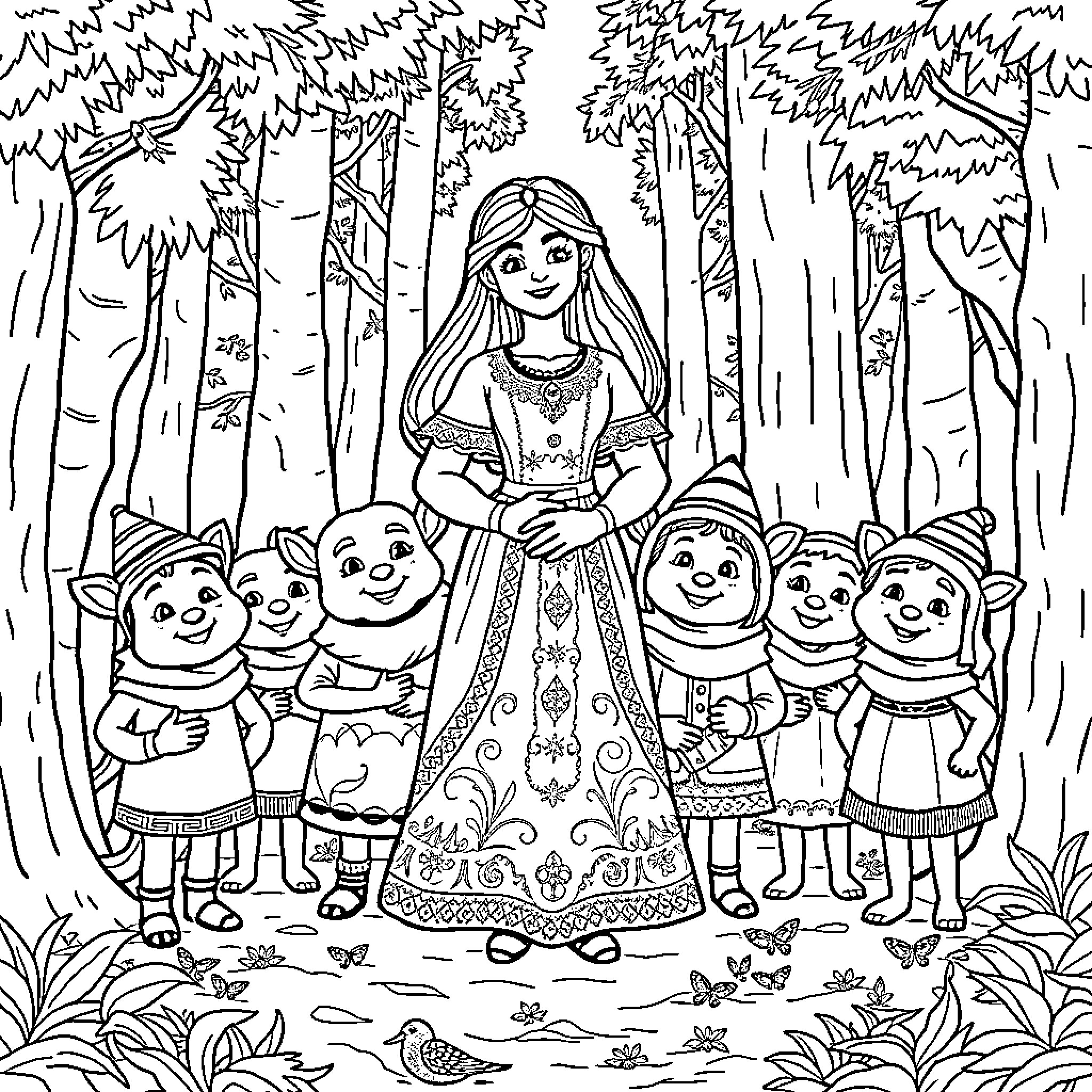 Snow White surrounded by her forest friends Coloring Page (free black-and-white line drawing printable PDF for all, from beginners to advanced learners, including children, teens, adults, and seniors)