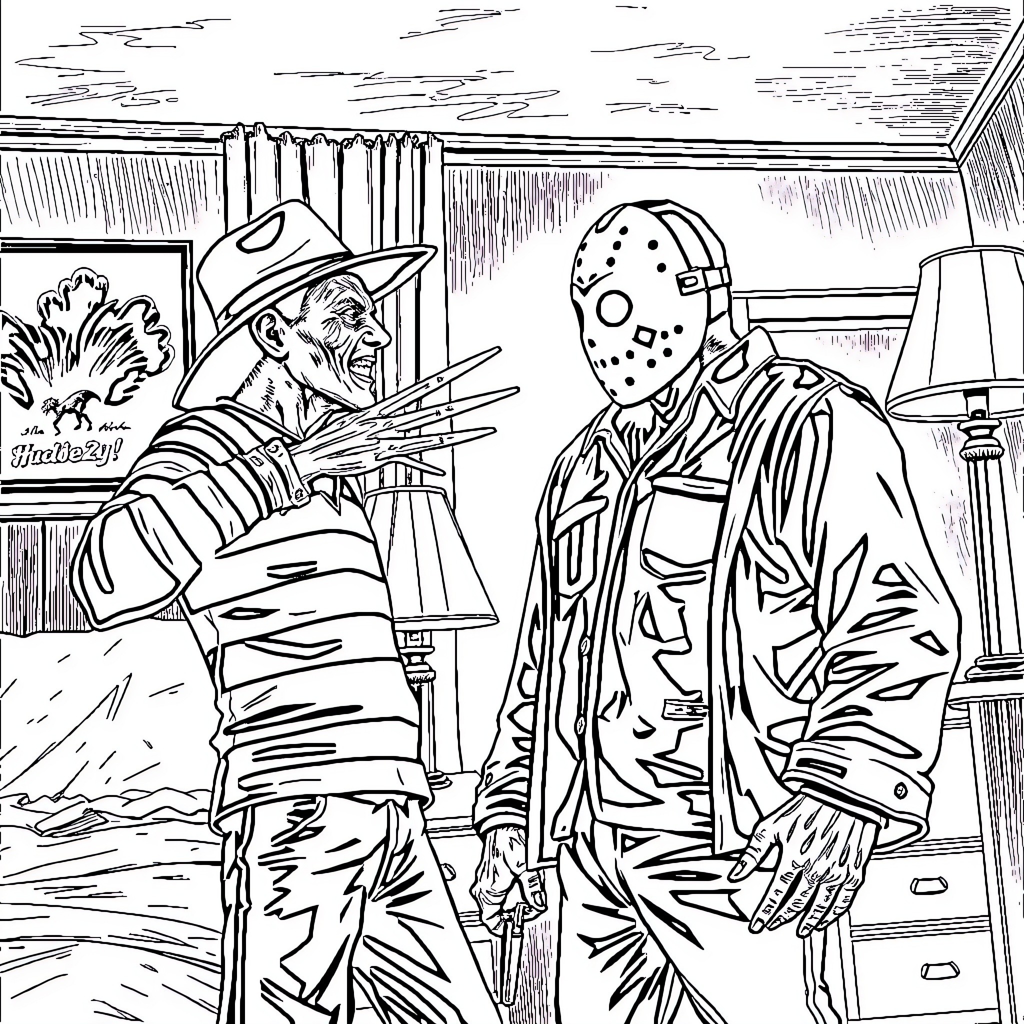 Freddy Krueger confronts notorious masked slasher in creepy hideout Coloring Page (free black-and-white line drawing printable PDF for all, from beginners to advanced learners, including children, teens, adults, and seniors)