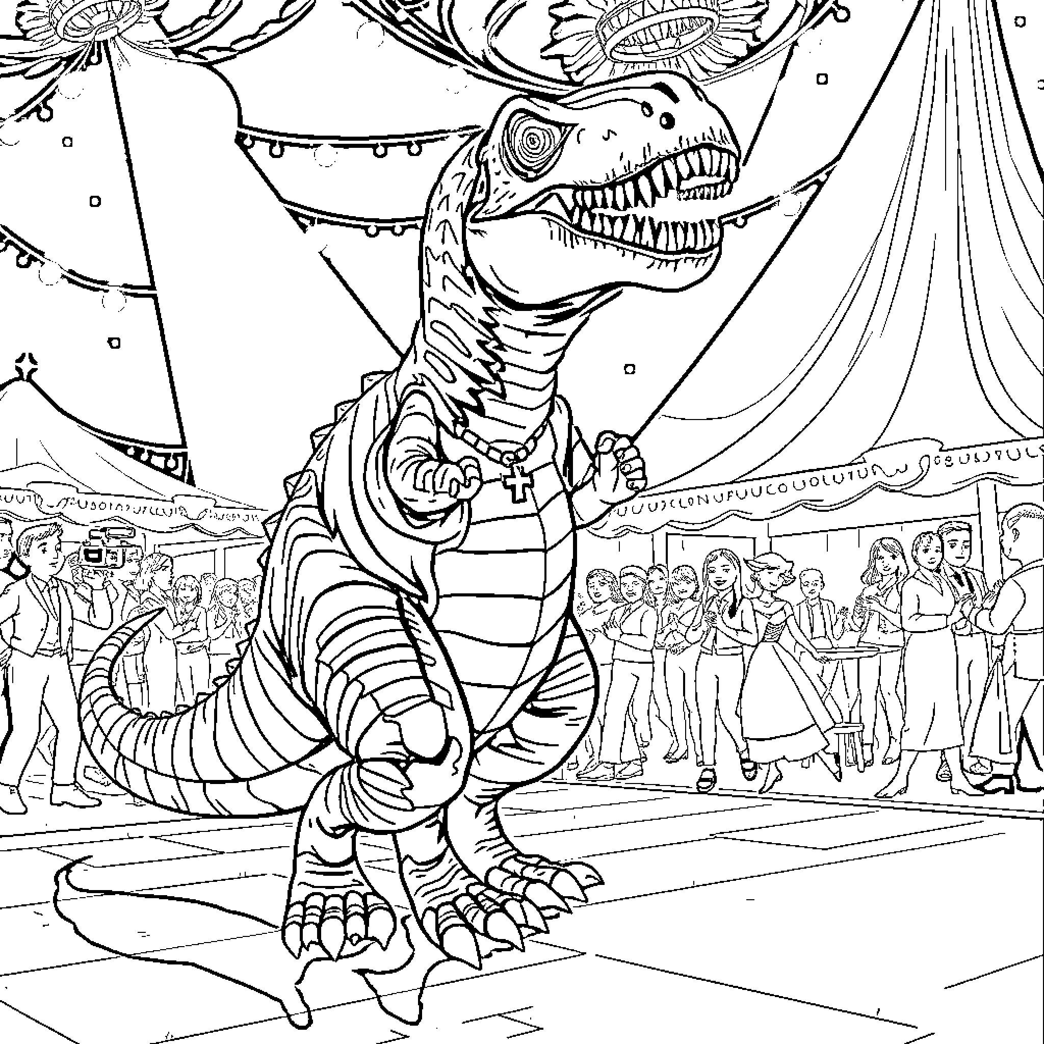 Dinosaur performing at the carnival Coloring Page (free black-and-white line drawing printable PDF for all, from beginners to advanced learners, including children, teens, adults, and seniors)