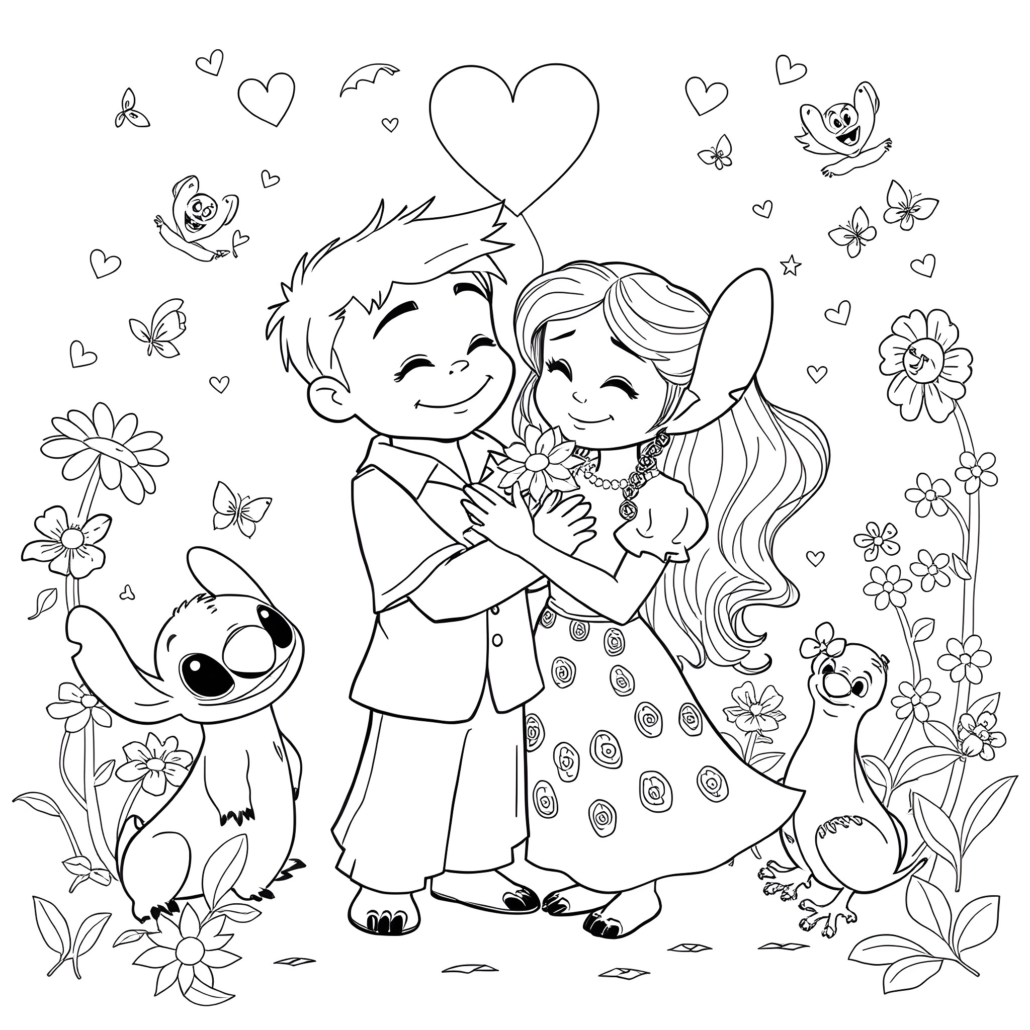 Lilo And Stitch Embracing with Flowers and Butterflies Coloring Page (free black-and-white line drawing printable PDF for all, from beginners to advanced learners, including children, teens, adults, and seniors)