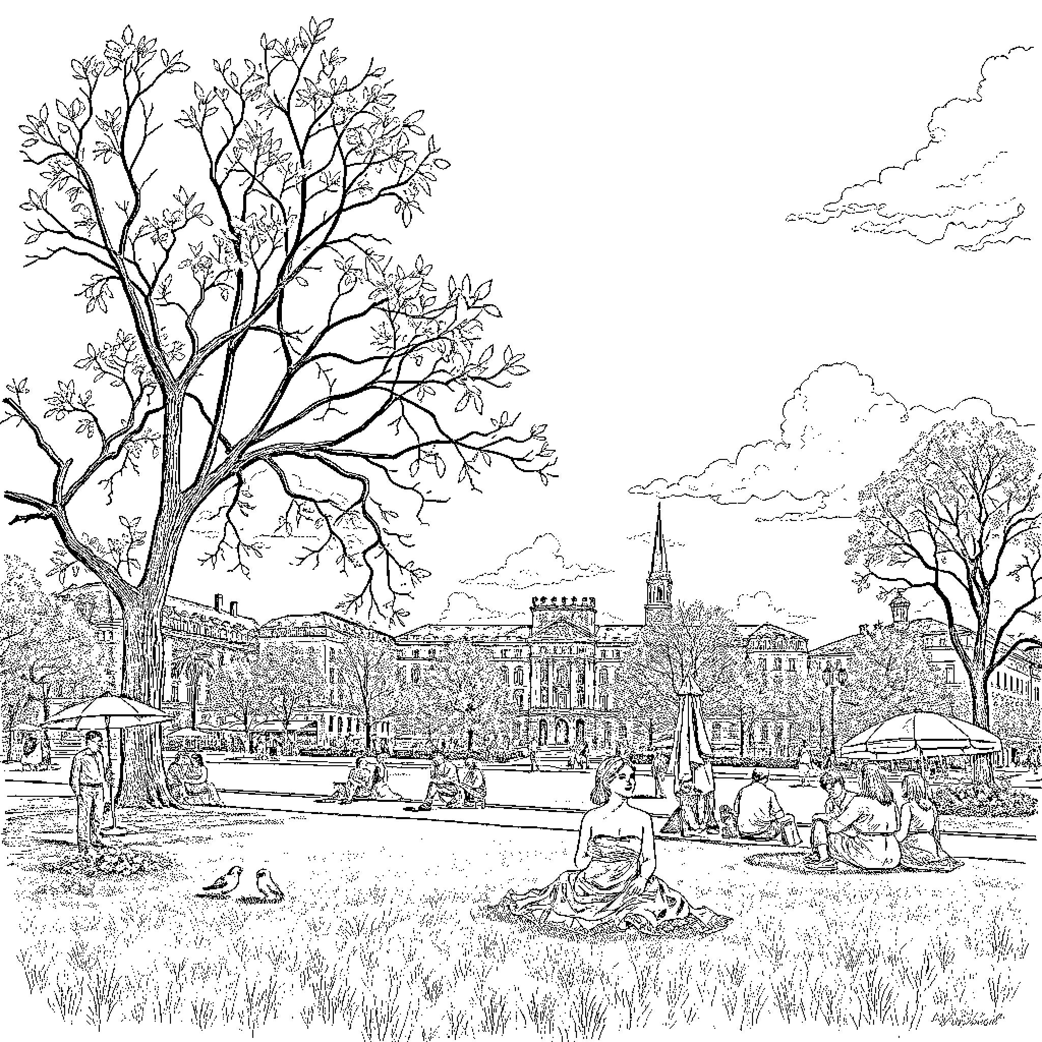 Renoir's Outdoor Scene with Cityscape and Figures Coloring Page (free black-and-white line drawing printable PDF for all, from beginners to advanced learners, including children, teens, adults, and seniors)