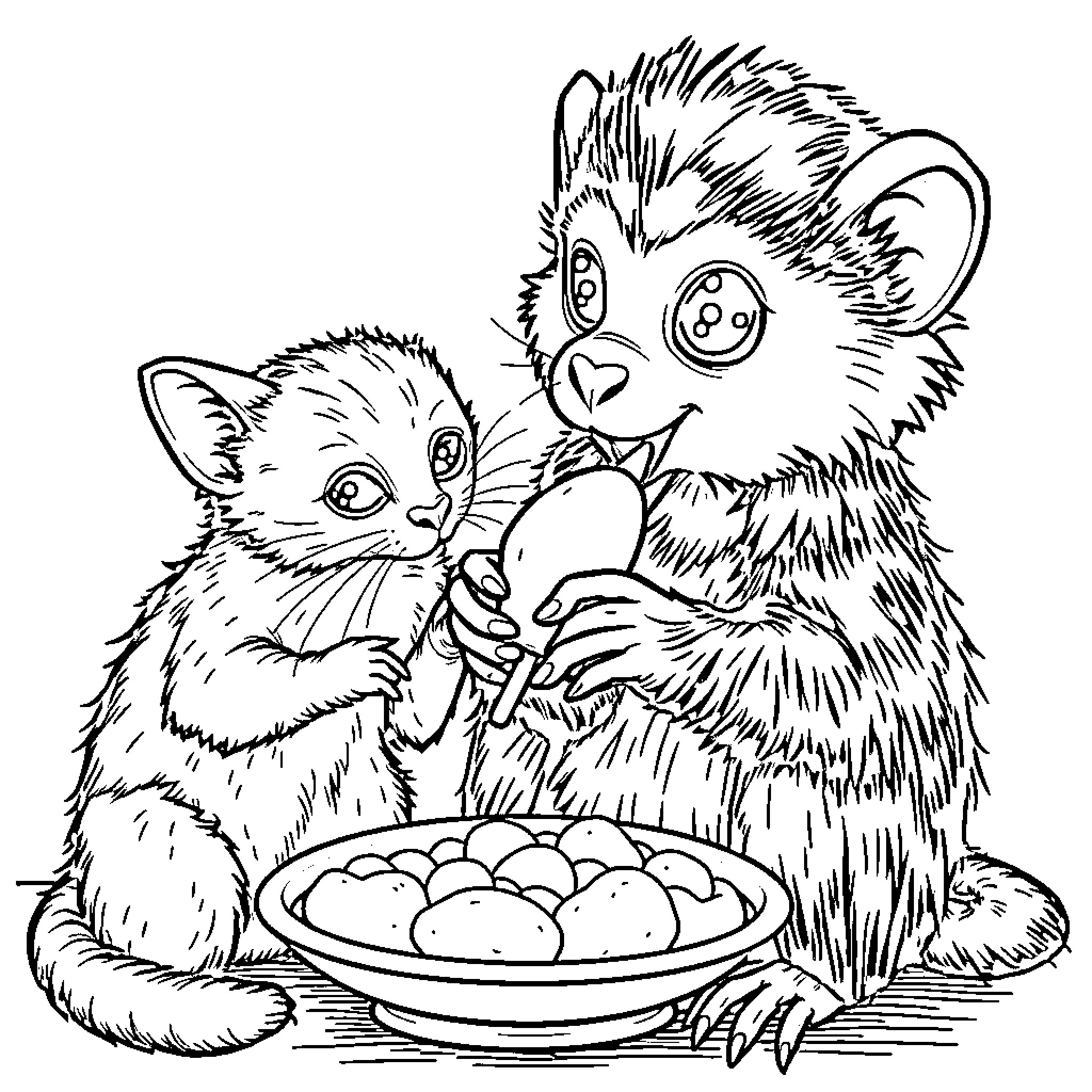 Ballerina-inspired Playful Creatures with a Tasty Treat Coloring Page (free black-and-white line drawing printable PDF for all, from beginners to advanced learners, including children, teens, adults, and seniors)