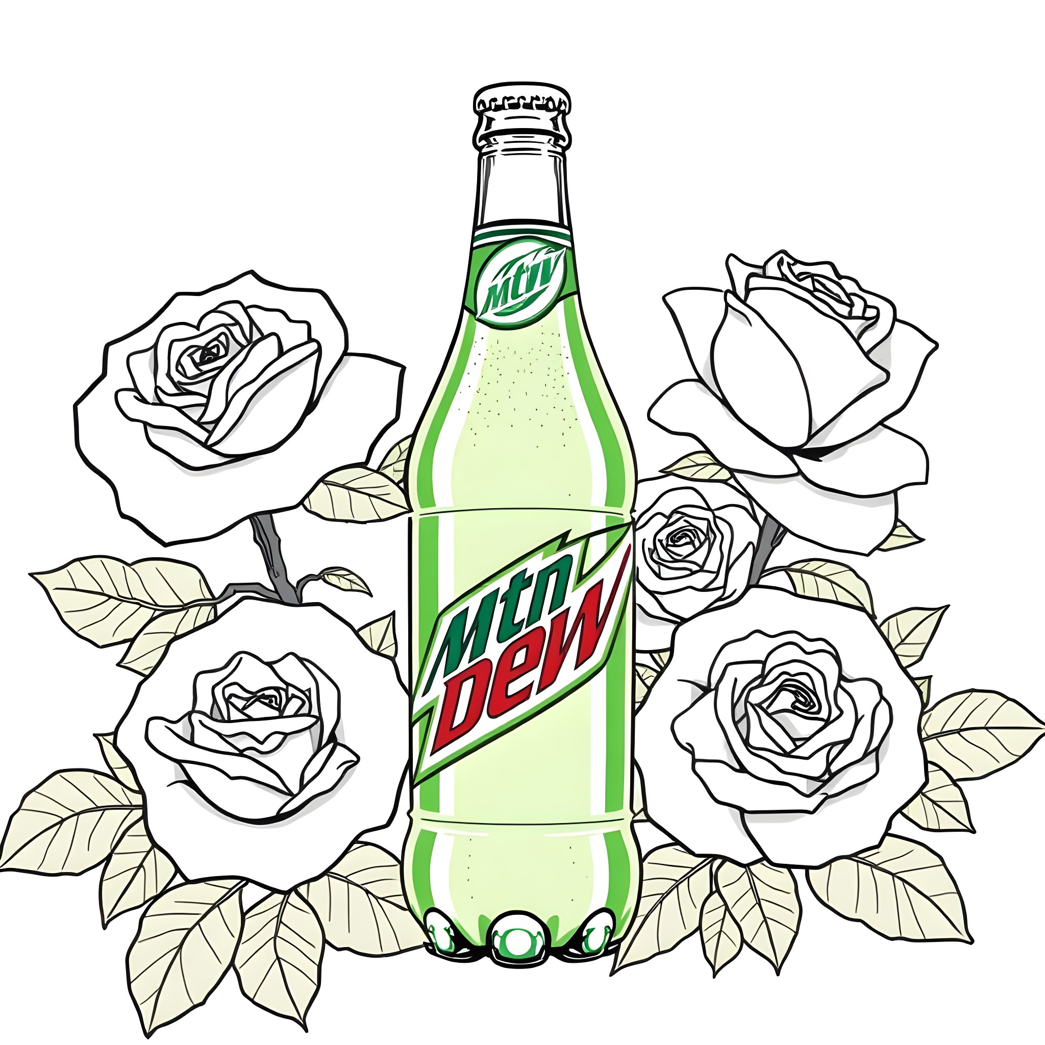 Mtn Dew bottle surrounded by roses Coloring Page (free black-and-white line drawing printable PDF for all, from beginners to advanced learners, including children, teens, adults, and seniors)