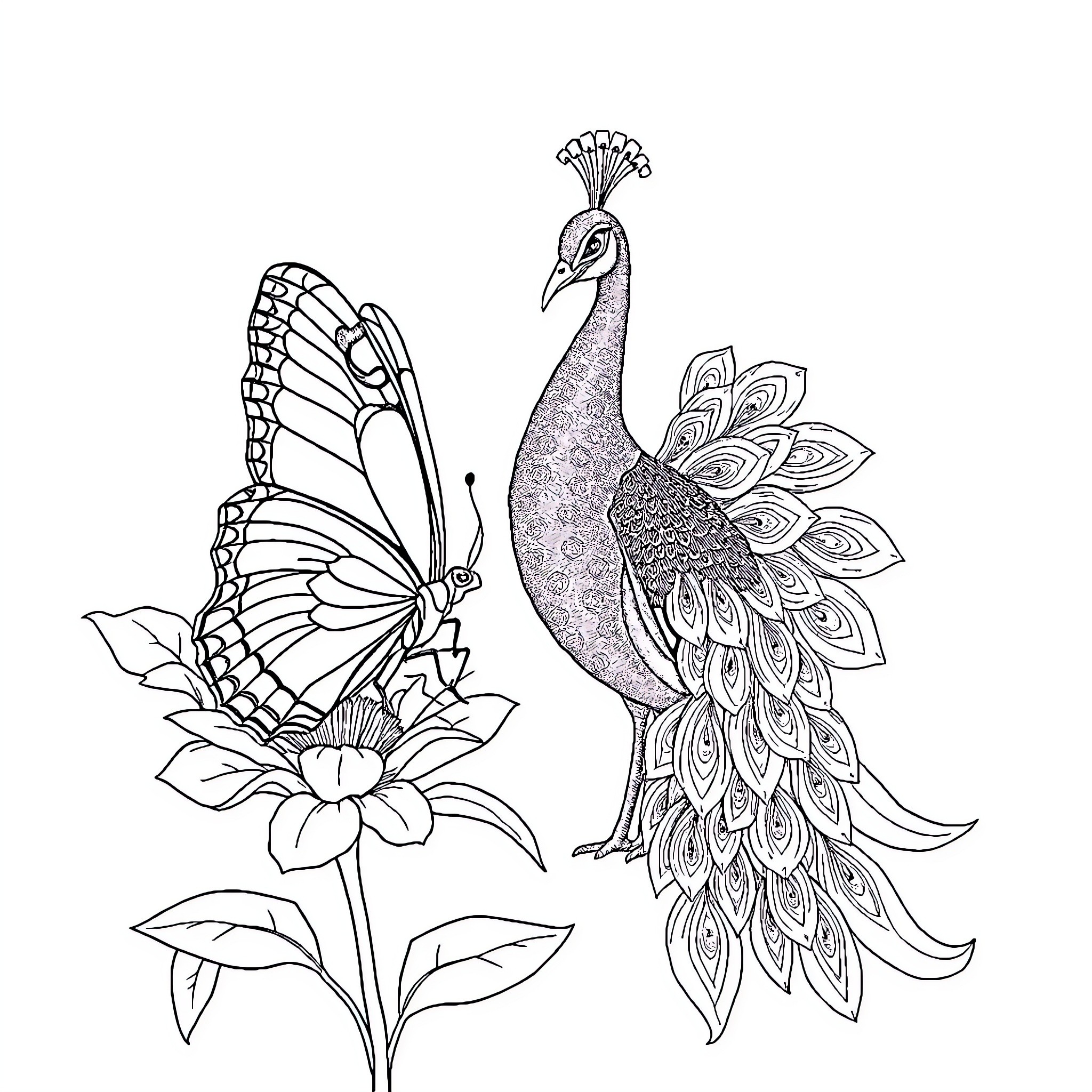 Butterfly and Peacock Adorning Floral Surroundings Coloring Page (free black-and-white line drawing printable PDF for all, from beginners to advanced learners, including children, teens, adults, and seniors)