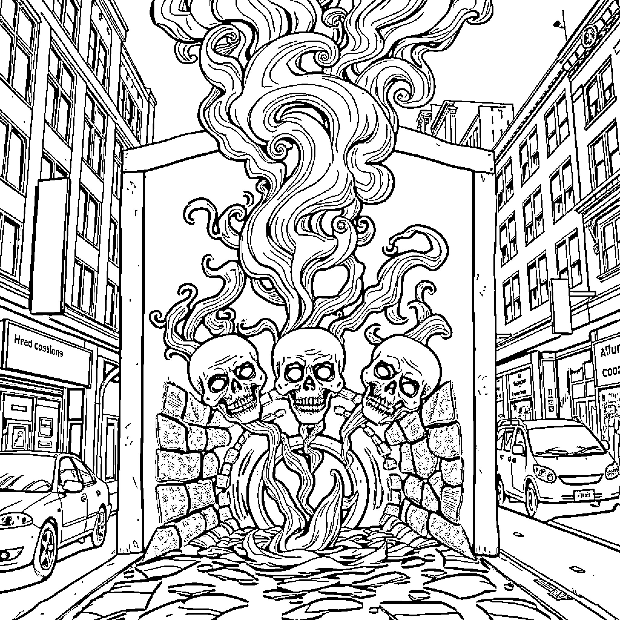 Skull Street Art Mural with Fantastical Imagery Coloring Page (free black-and-white line drawing printable PDF for all, from beginners to advanced learners, including children, teens, adults, and seniors)