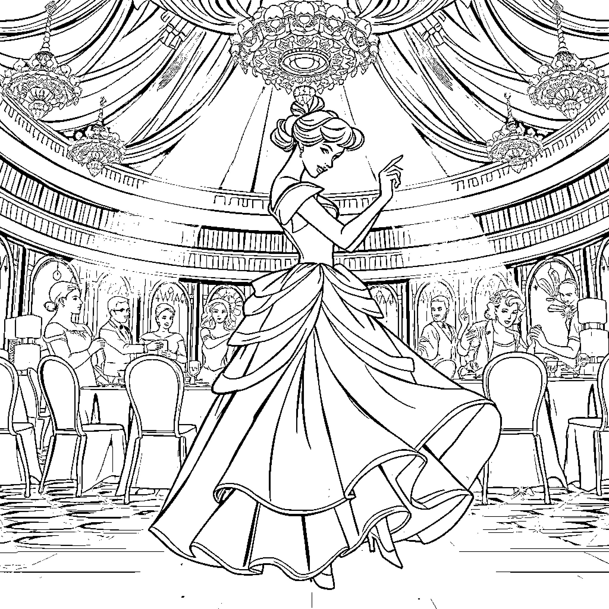 Cinderella's Elegant Ballroom Dance Coloring Page (free black-and-white line drawing printable PDF for all, from beginners to advanced learners, including children, teens, adults, and seniors)