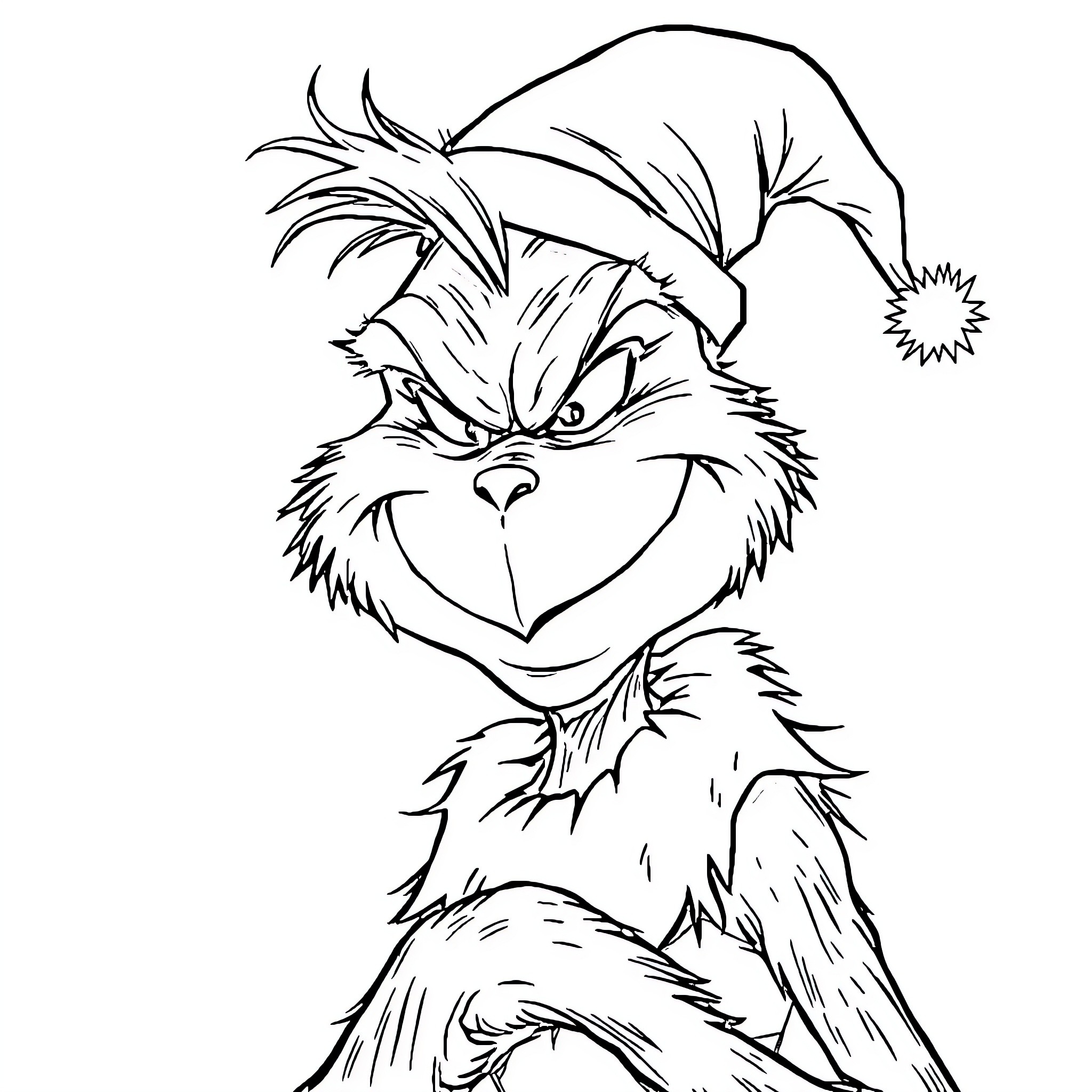 Grinch plotting mischievous plans in winter outfit Coloring Page (free black-and-white line drawing printable PDF for all, from beginners to advanced learners, including children, teens, adults, and seniors)