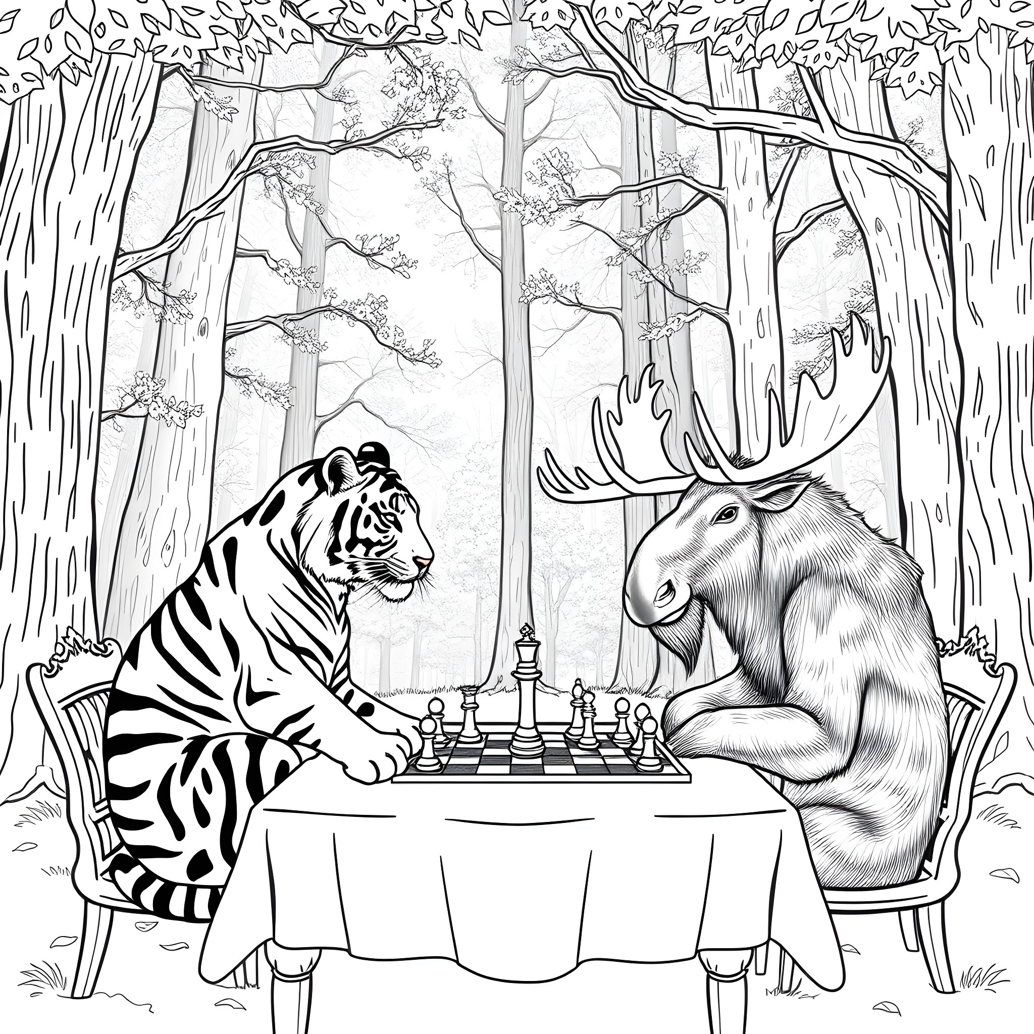 Tiger and Moose Playing Chess in the Forest Coloring Page (free black-and-white line drawing printable PDF for all, from beginners to advanced learners, including children, teens, adults, and seniors)
