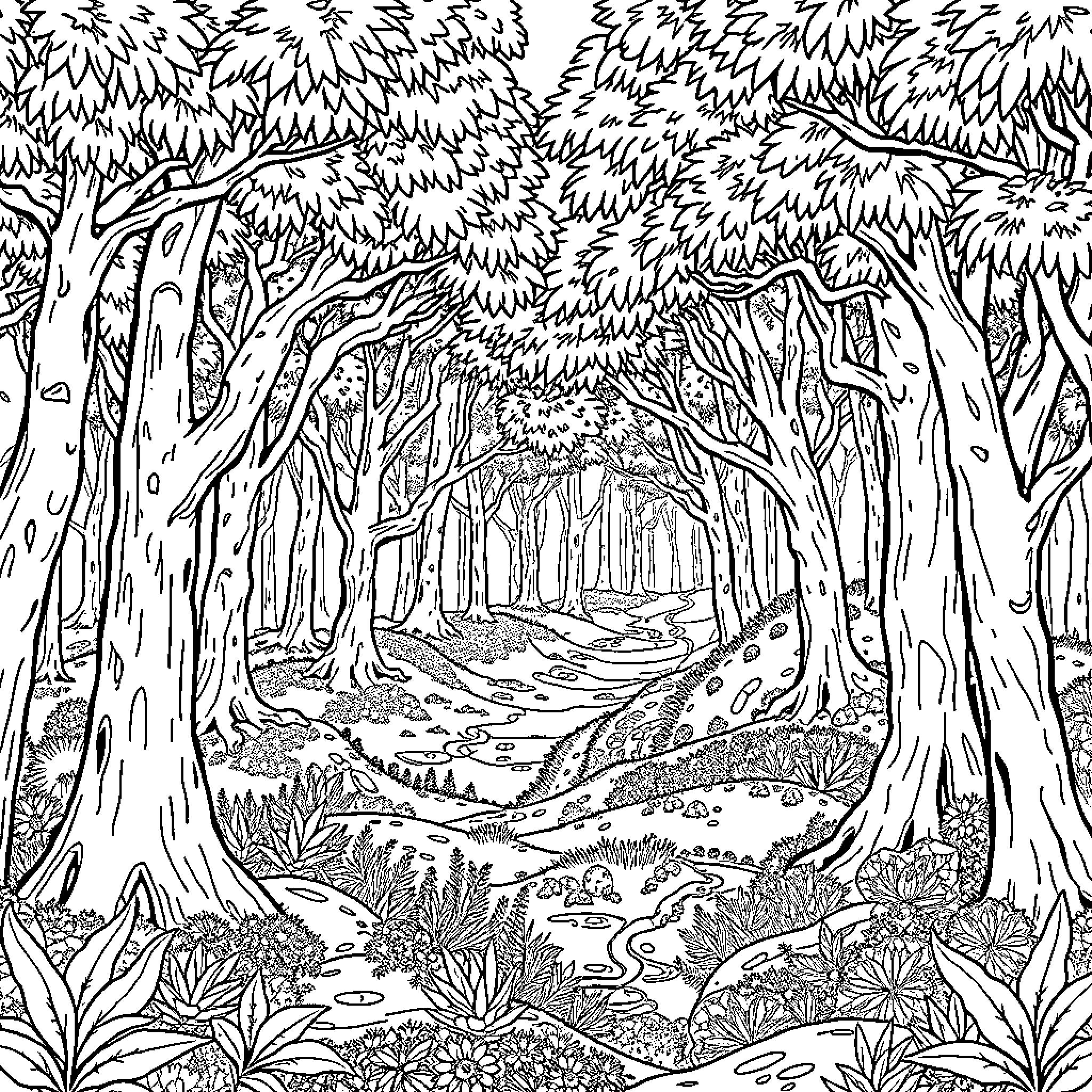 Paisaje de un bosque misterioso y sereno Coloring Page (free black-and-white line drawing printable PDF for all, from beginners to advanced learners, including children, teens, adults, and seniors)