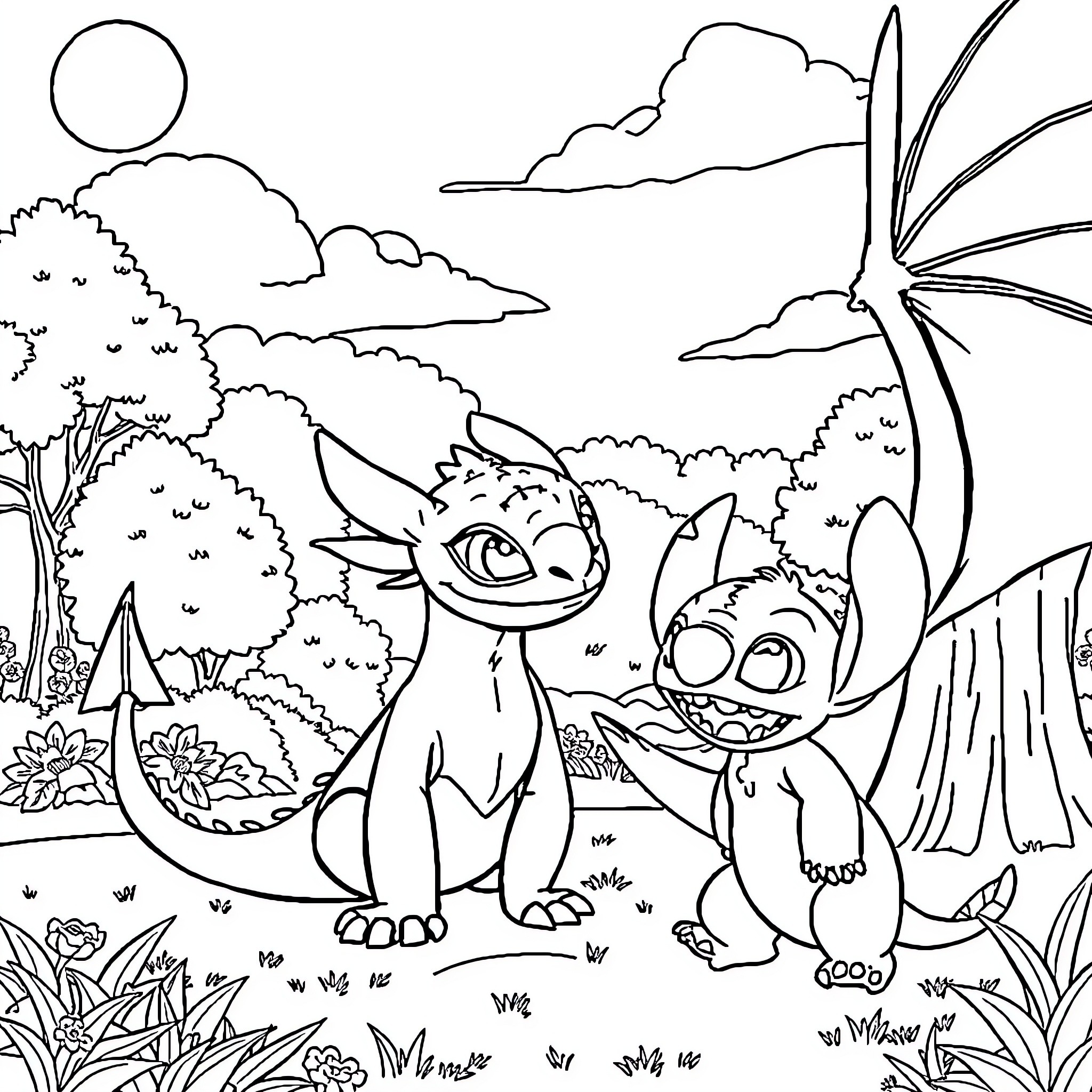 Toothless friends exploring the magical forest Coloring Page (free black-and-white line drawing printable PDF for all, from beginners to advanced learners, including children, teens, adults, and seniors)
