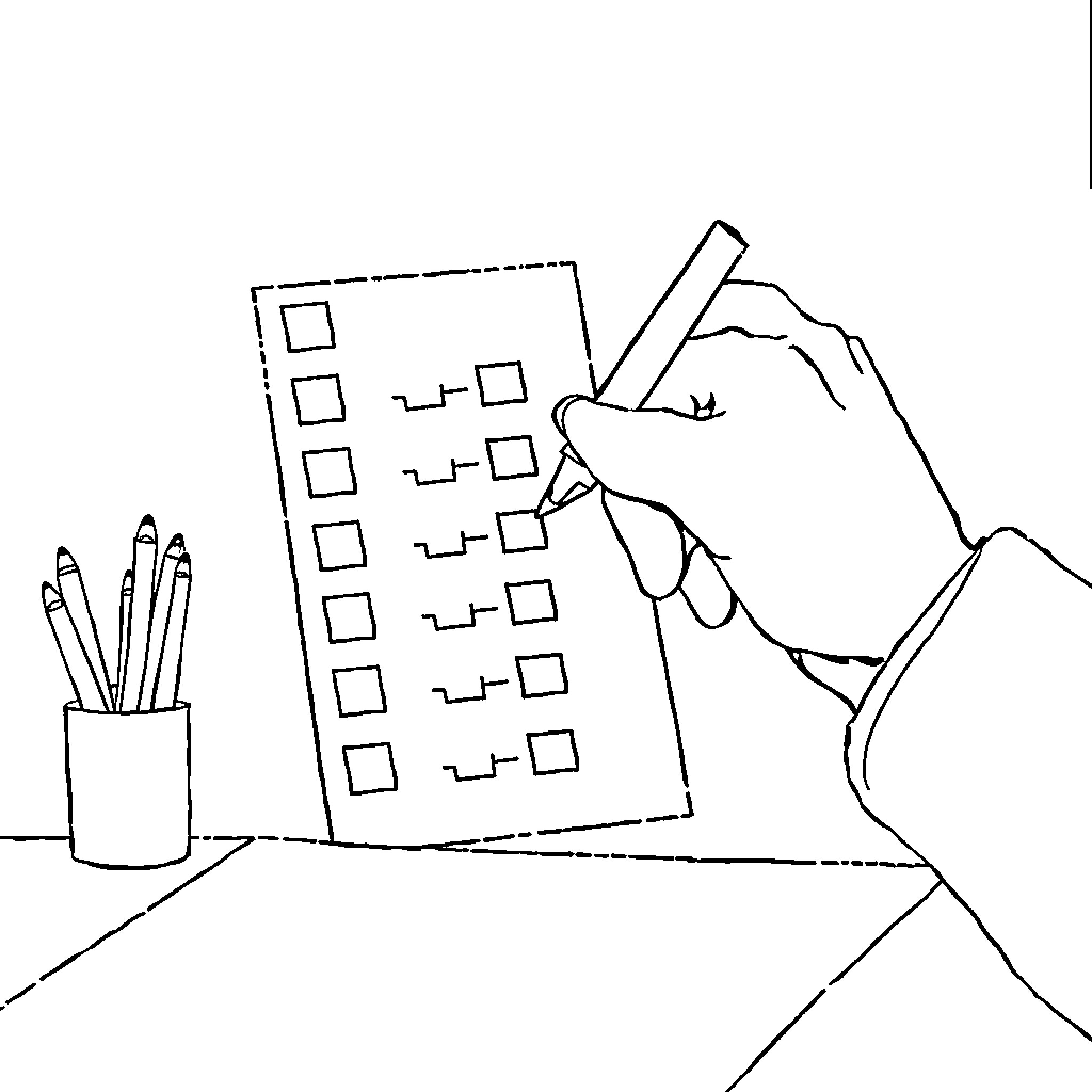 Test hand checking off items on a checklist Coloring Page (free black-and-white line drawing printable PDF for all, from beginners to advanced learners, including children, teens, adults, and seniors)
