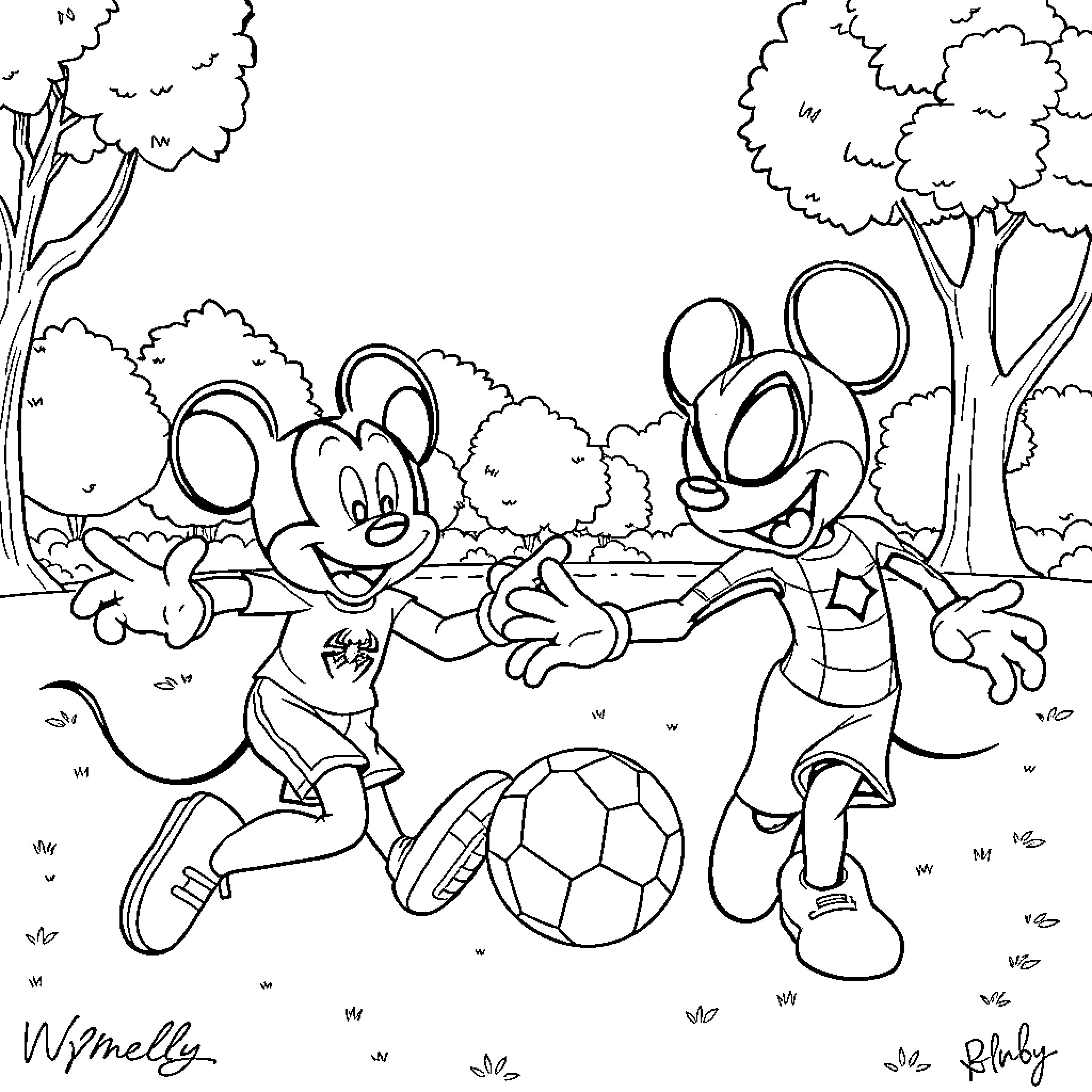Spidey and Mickey Playing Soccer in the Park Coloring Page (free black-and-white line drawing printable PDF for all, from beginners to advanced learners, including children, teens, adults, and seniors)