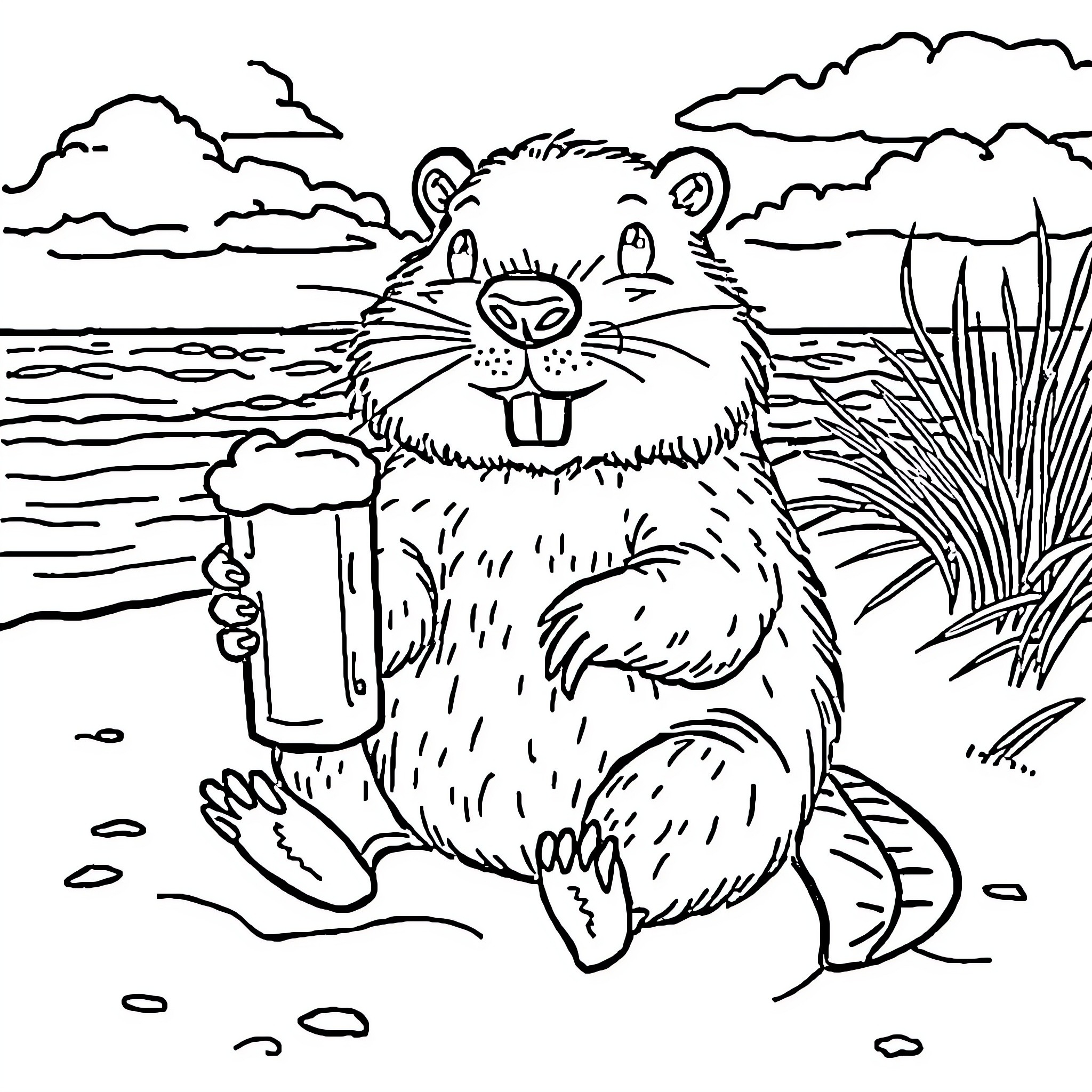 Beaver enjoying a day by the lake Coloring Page (free black-and-white line drawing printable PDF for all, from beginners to advanced learners, including children, teens, adults, and seniors)