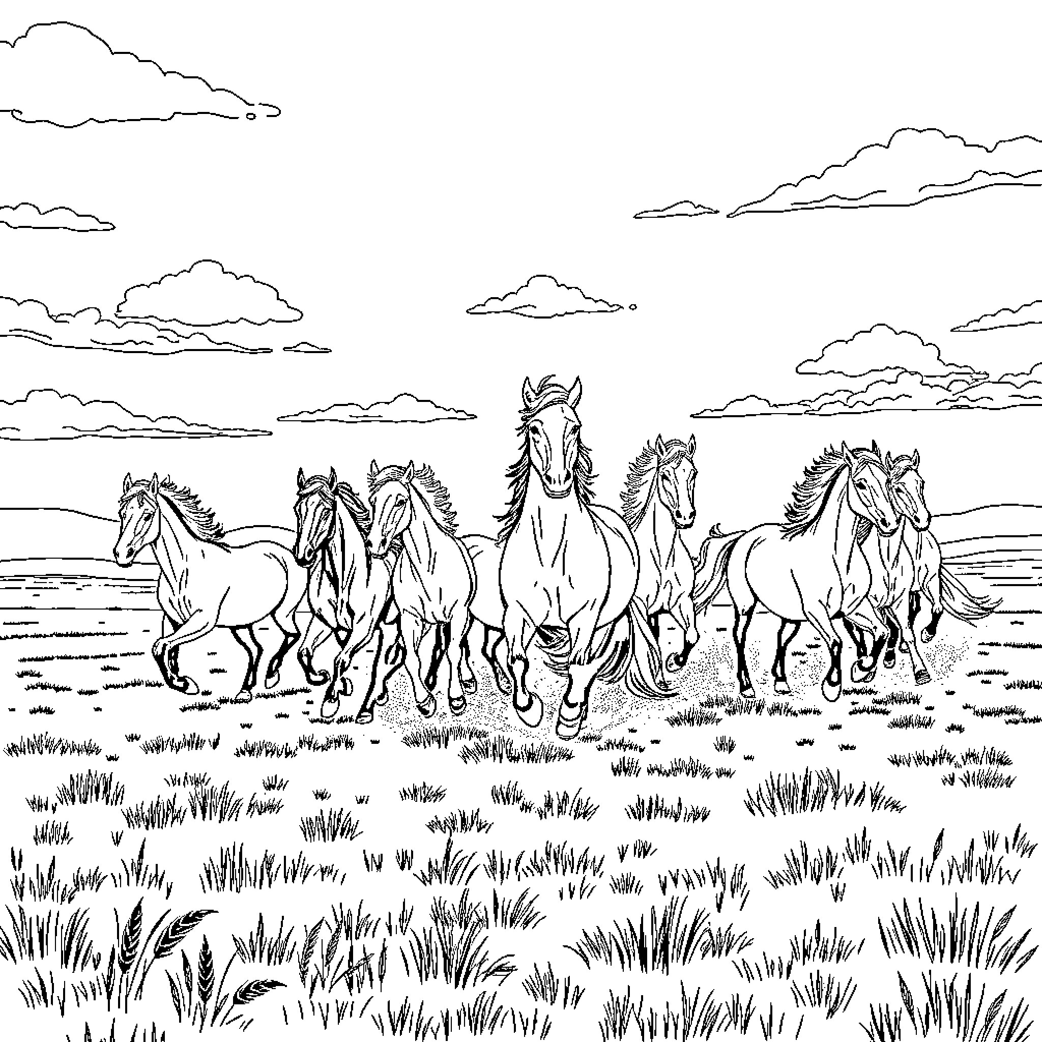 Herd of Horses Running Freely in the Field Coloring Page (free black-and-white line drawing printable PDF for all, from beginners to advanced learners, including children, teens, adults, and seniors)