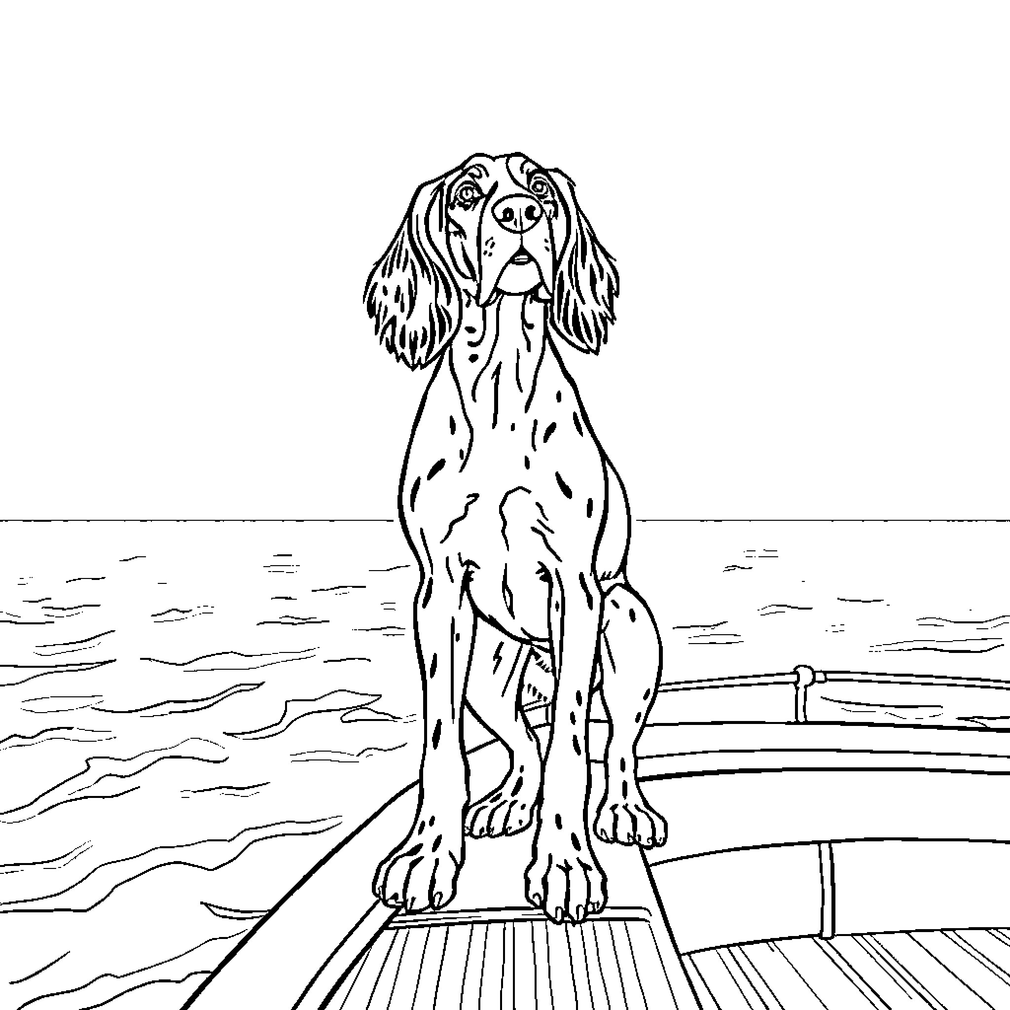 English Setter sitting calmly on a wooden dock Coloring Page (free black-and-white line drawing printable PDF for all, from beginners to advanced learners, including children, teens, adults, and seniors)