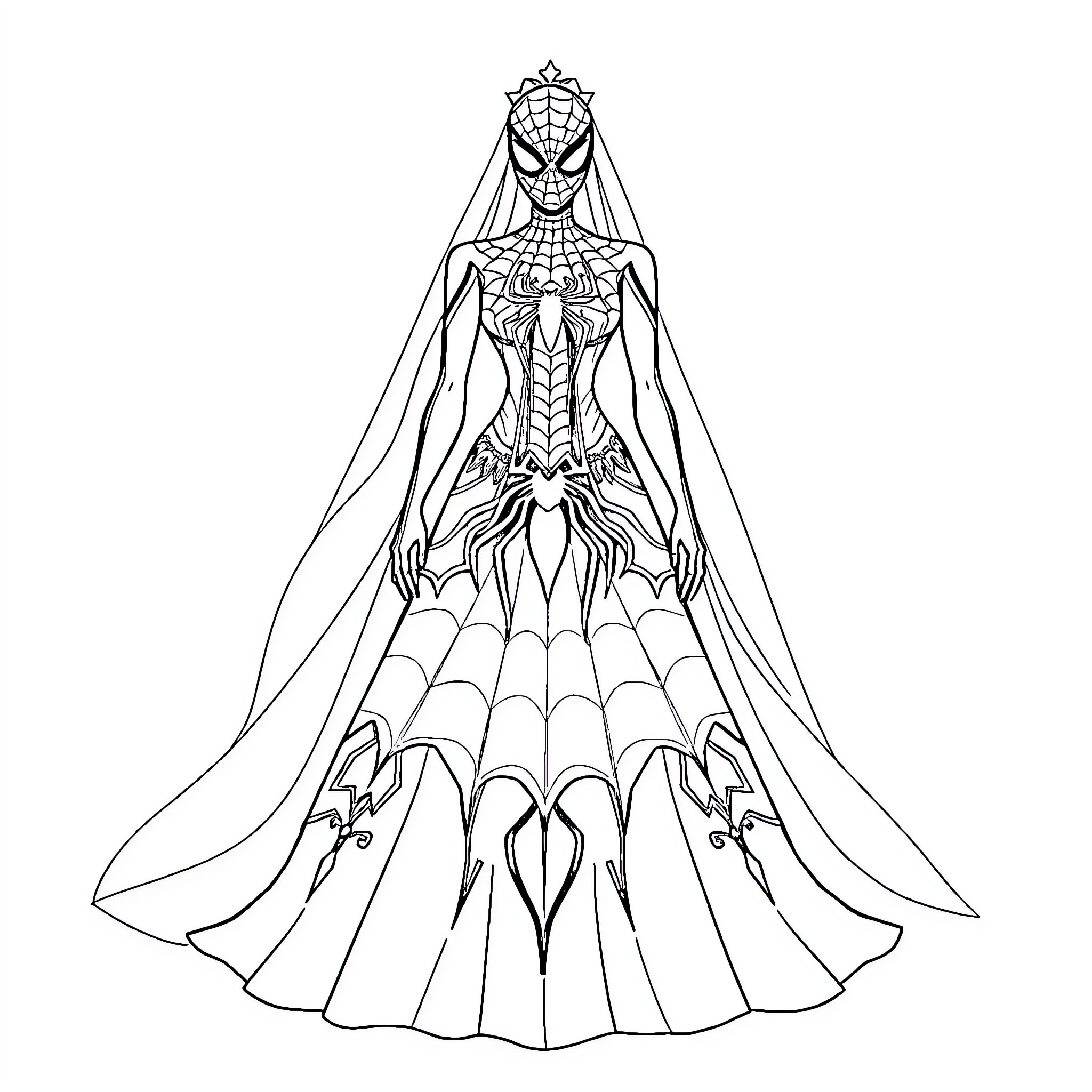 Spider-Man in a Detailed Ceremonial Dress Coloring Page (free black-and-white line drawing printable PDF for all, from beginners to advanced learners, including children, teens, adults, and seniors)