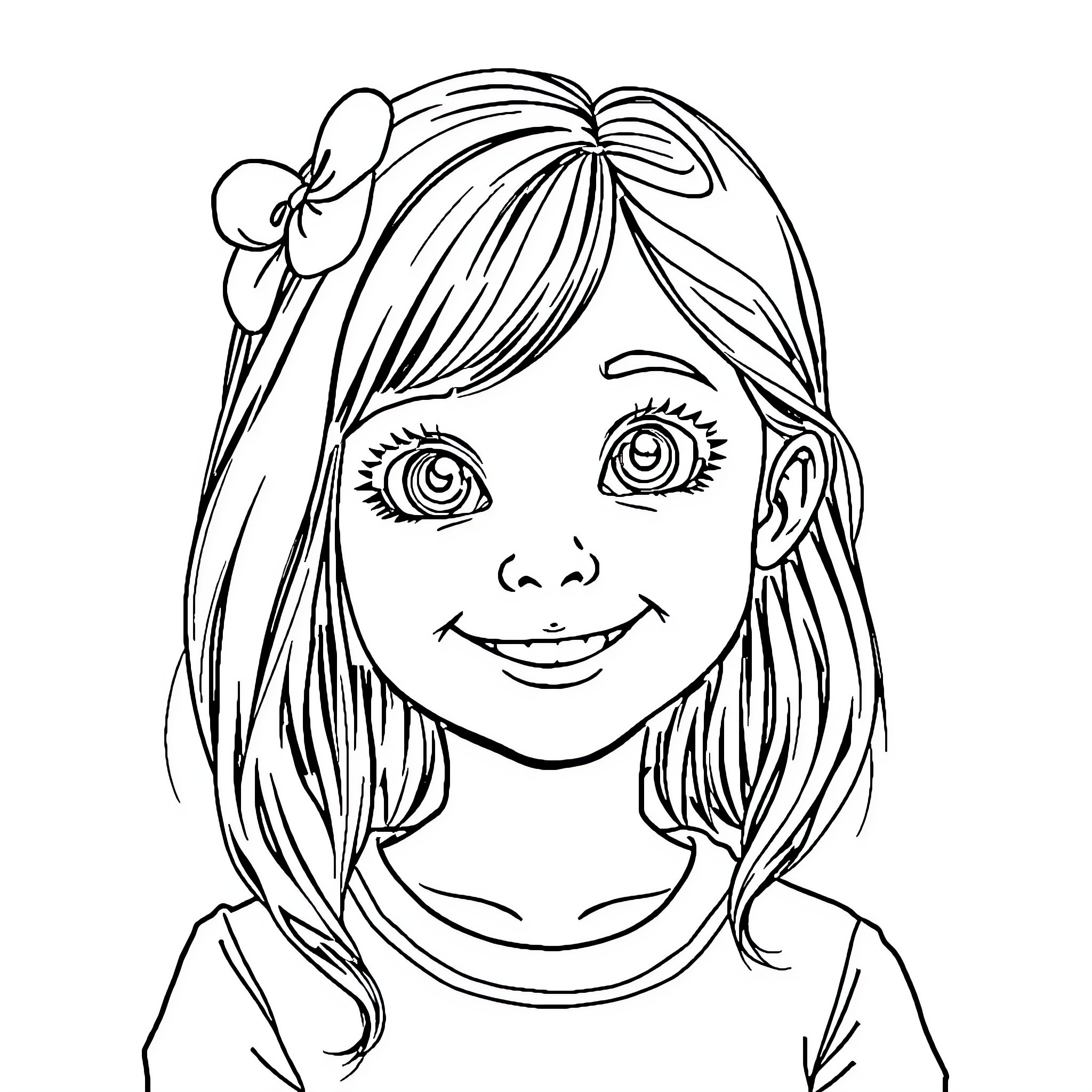 Girl with Smiling Expression and Bow Coloring Page (free black-and-white line drawing printable PDF for all, from beginners to advanced learners, including children, teens, adults, and seniors)