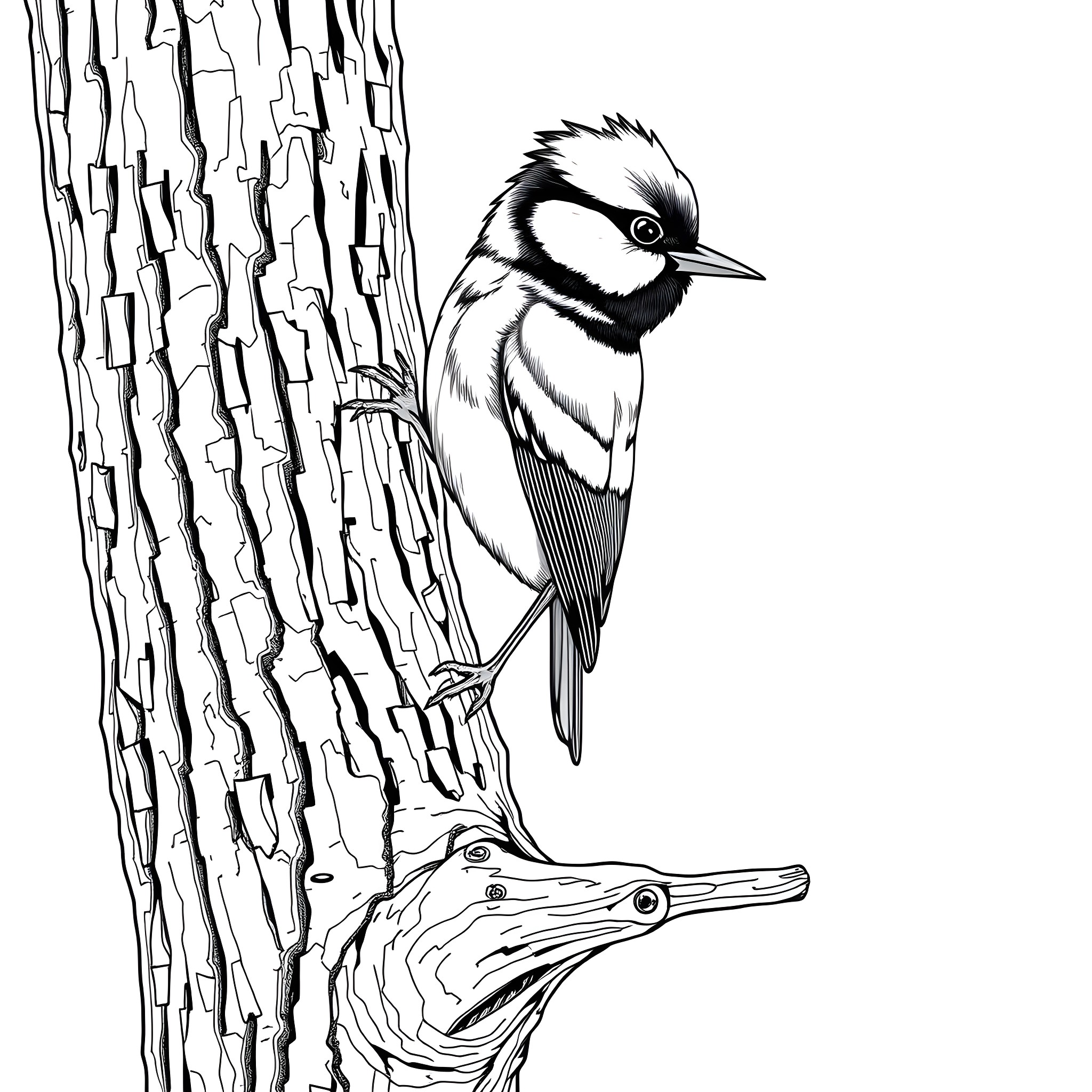 Great Tit perched on a tree trunk Coloring Page (free black-and-white line drawing printable PDF for all, from beginners to advanced learners, including children, teens, adults, and seniors)