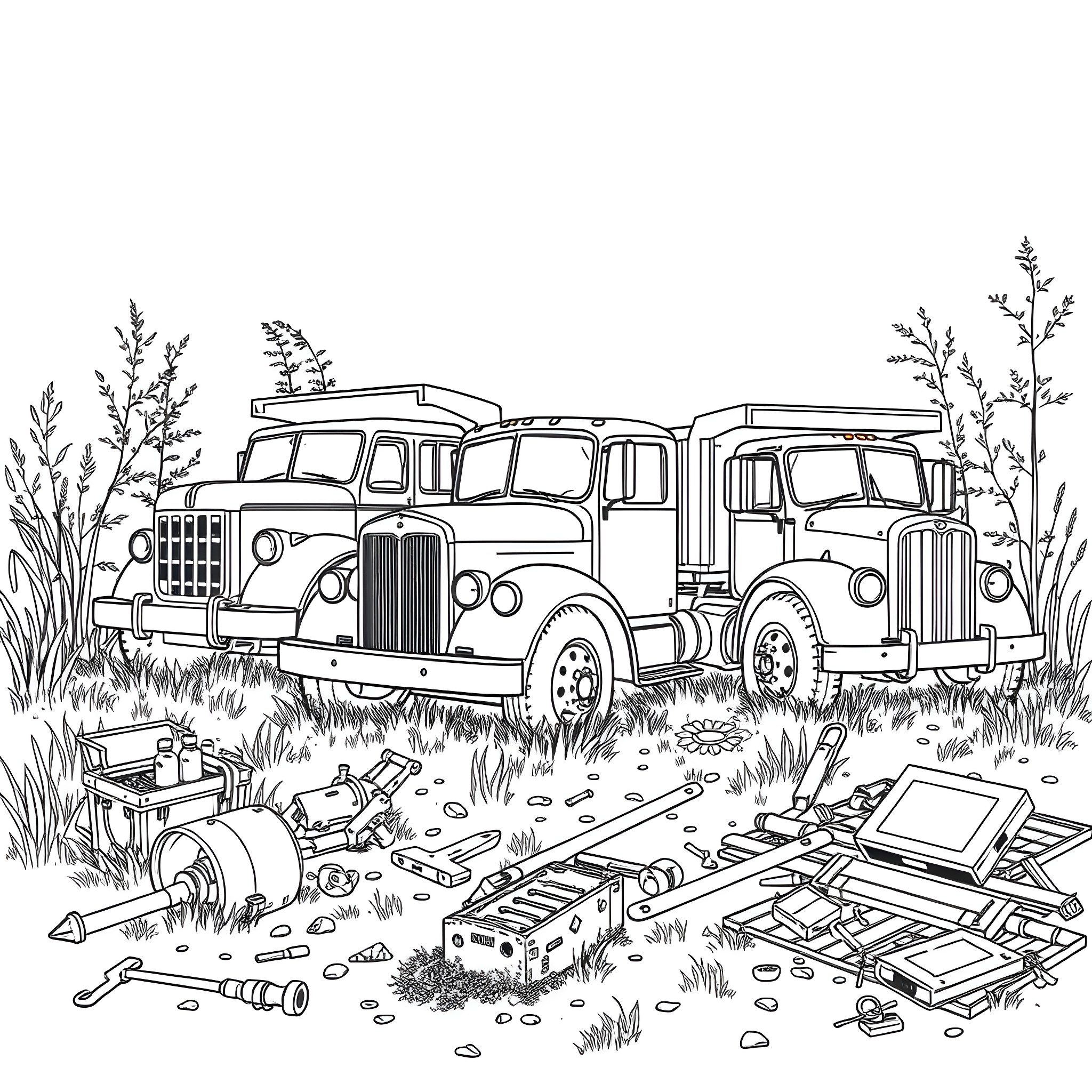 Pickup trucks in the rural countryside Coloring Page (free black-and-white line drawing printable PDF for all, from beginners to advanced learners, including children, teens, adults, and seniors)