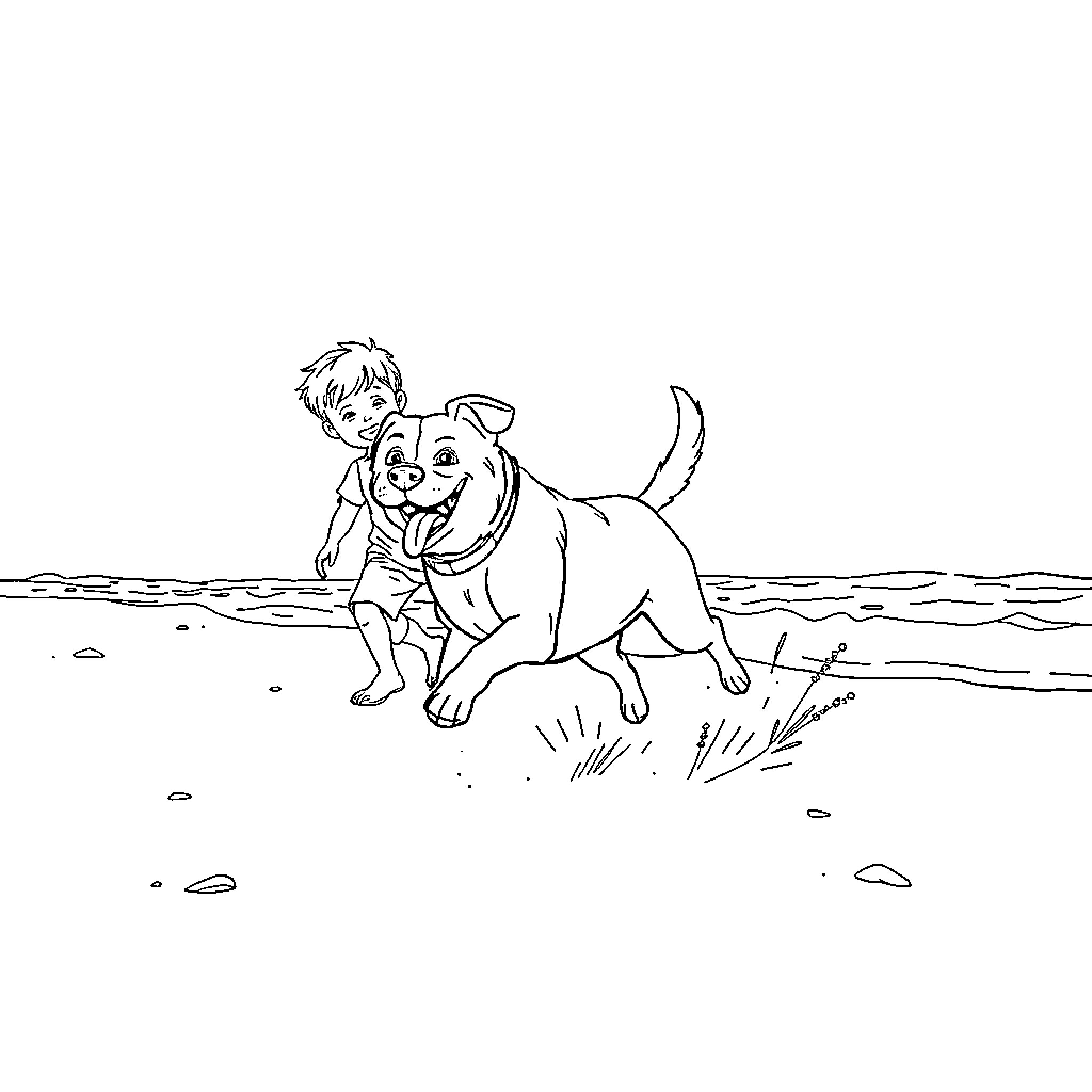 Dog playing joyfully with a child on the beach Coloring Page (free black-and-white line drawing printable PDF for all, from beginners to advanced learners, including children, teens, adults, and seniors)