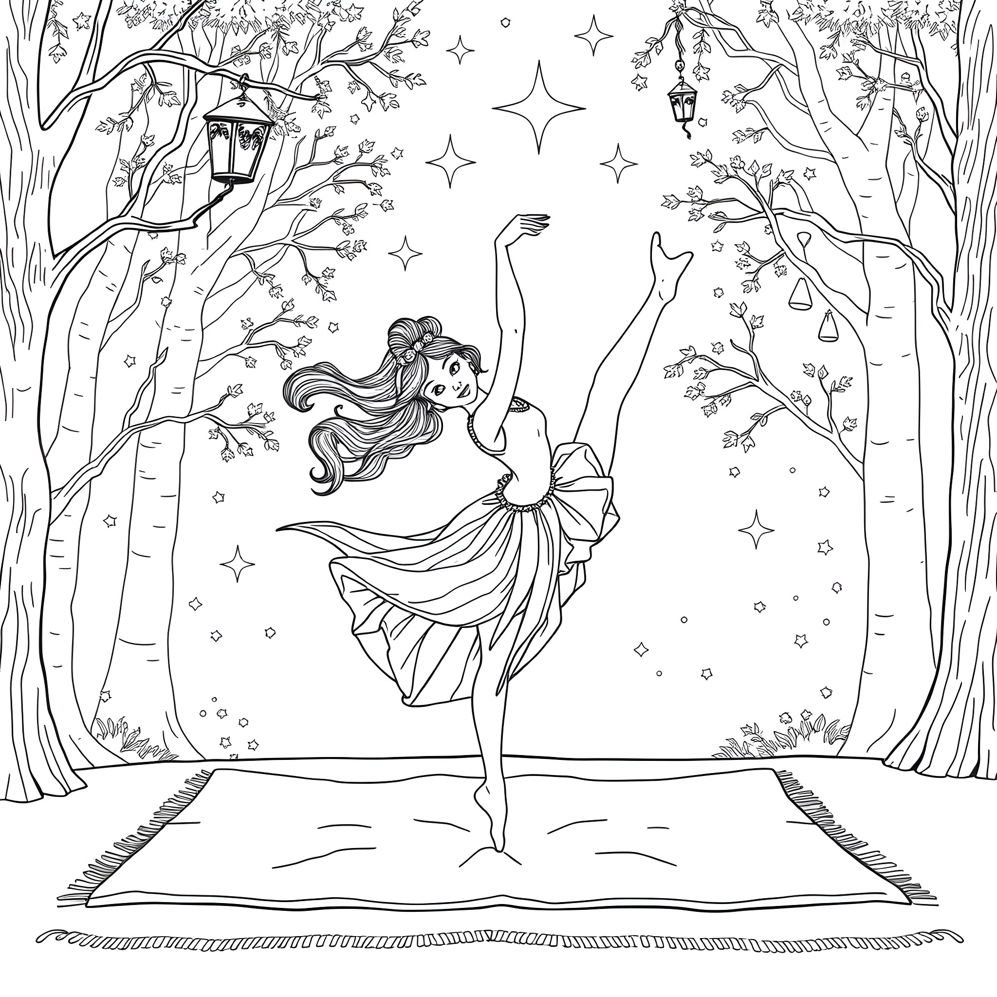 Princess Dancing Gracefully in Enchanted Forest Coloring Page (free black-and-white line drawing printable PDF for all, from beginners to advanced learners, including children, teens, adults, and seniors)
