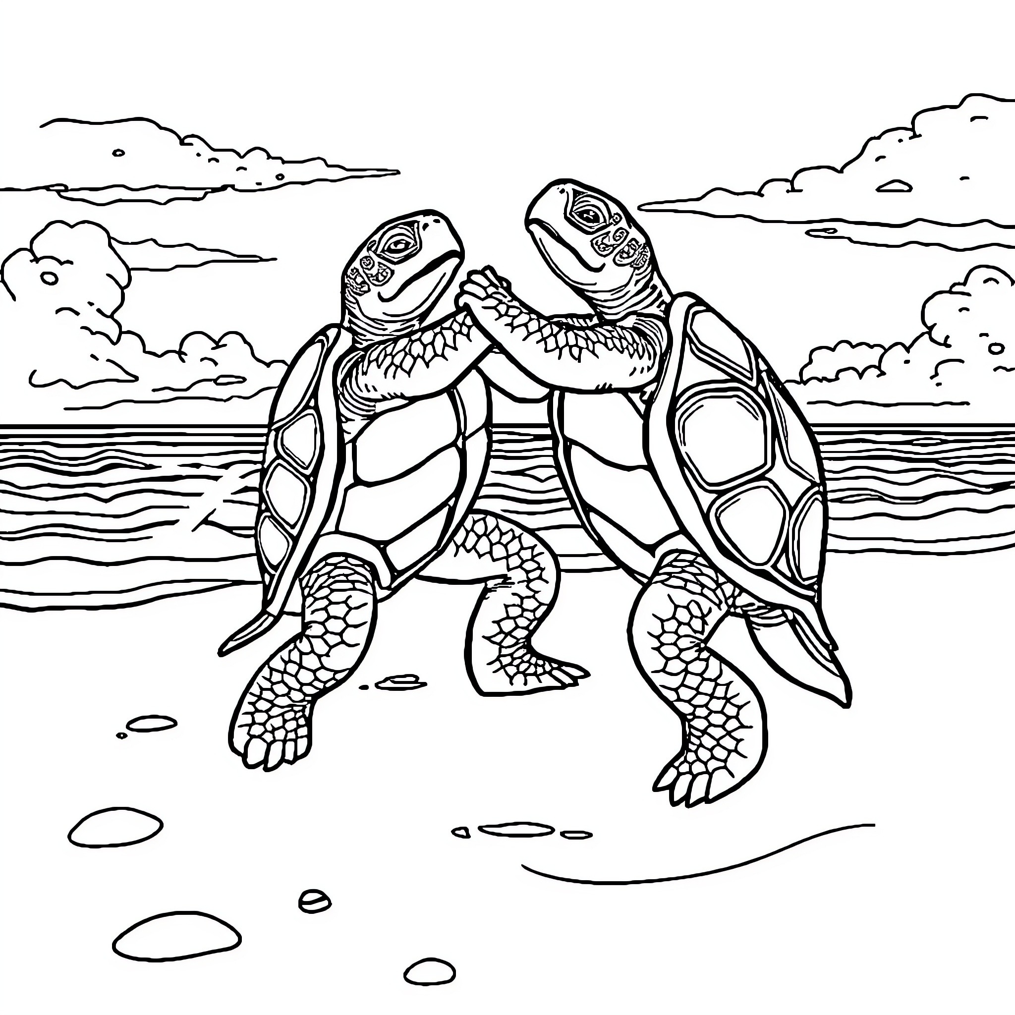 Turtle herd swimming together in the ocean Coloring Page (free black-and-white line drawing printable PDF for all, from beginners to advanced learners, including children, teens, adults, and seniors)