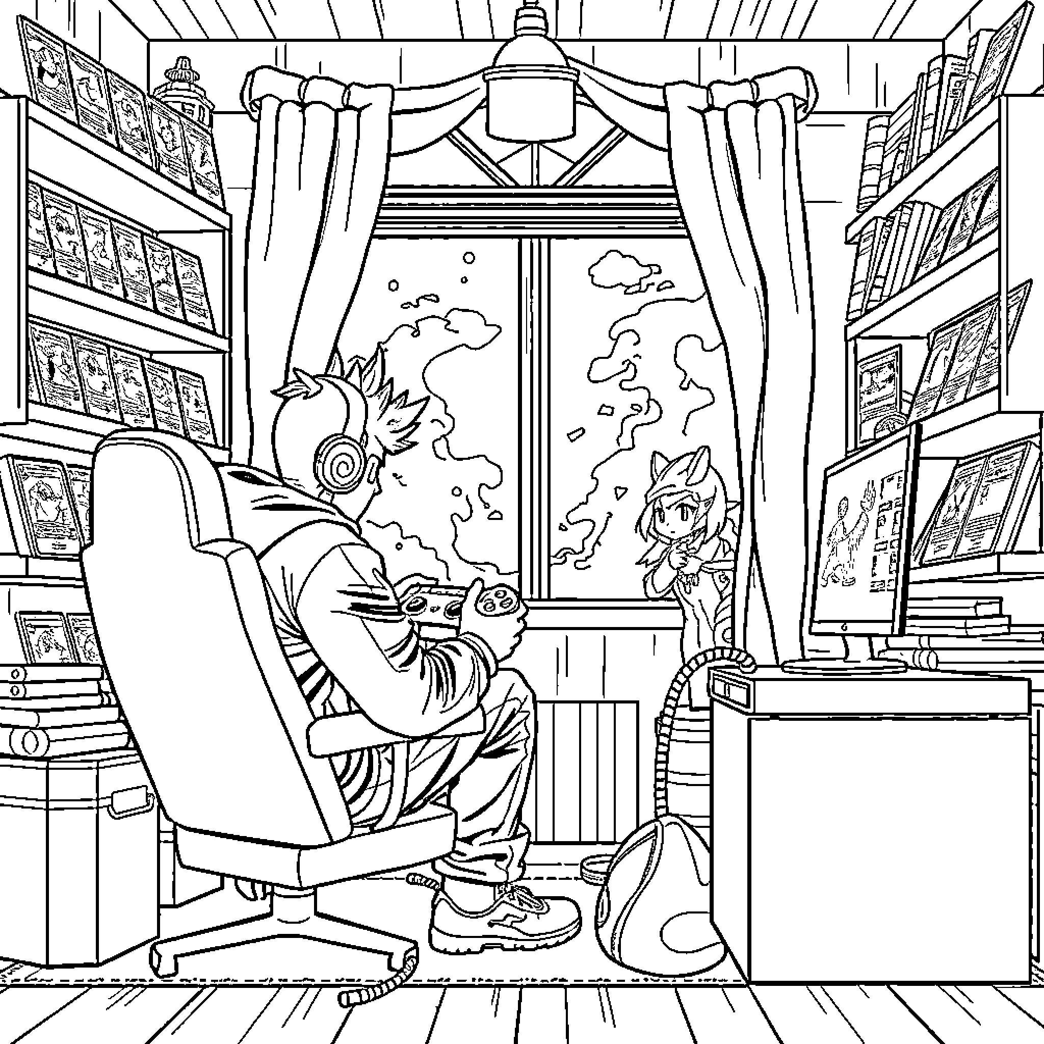Gamer immersed in a digital world of adventure Coloring Page (free black-and-white line drawing printable PDF for all, from beginners to advanced learners, including children, teens, adults, and seniors)