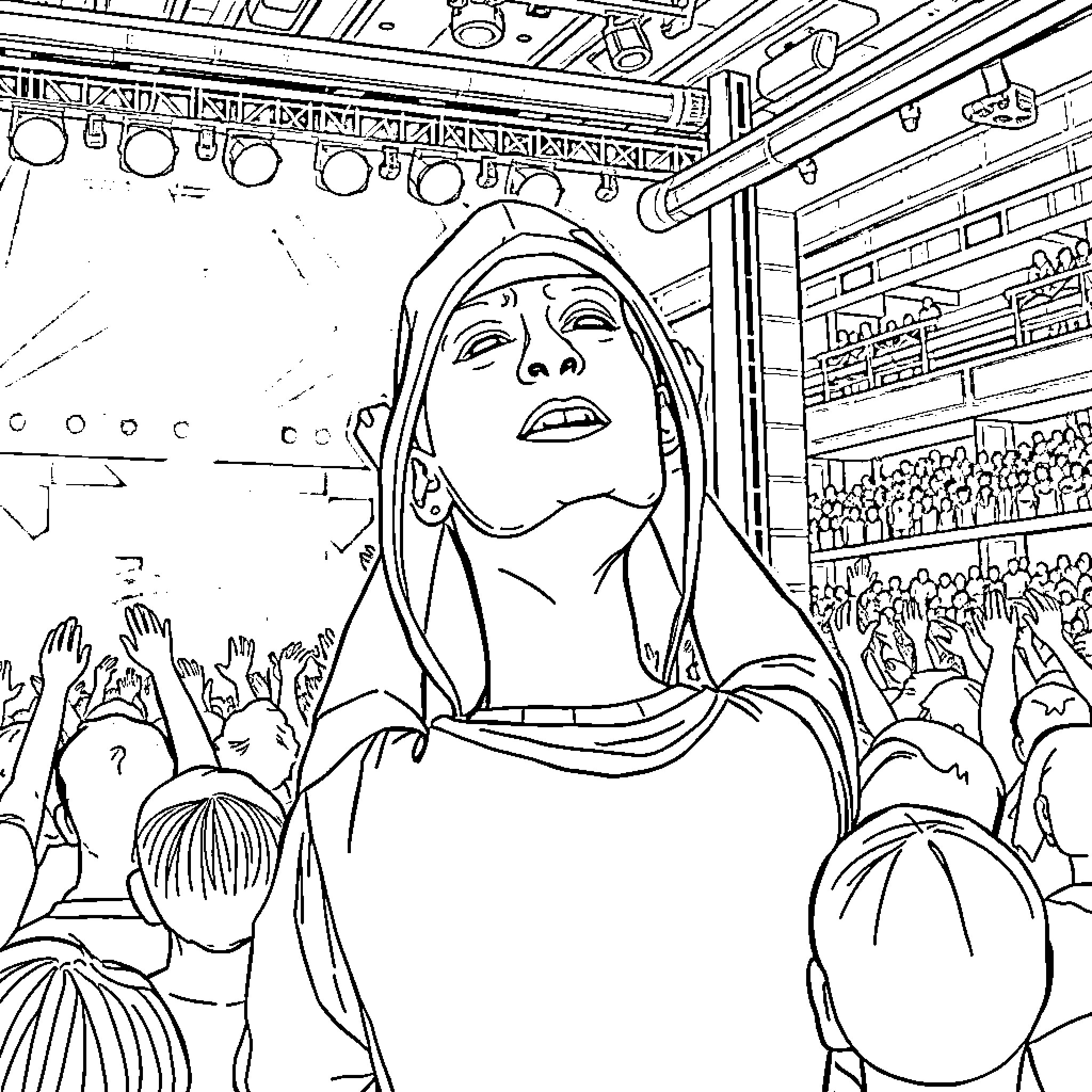 Eminem performing energetically on stage Coloring Page (free black-and-white line drawing printable PDF for all, from beginners to advanced learners, including children, teens, adults, and seniors)