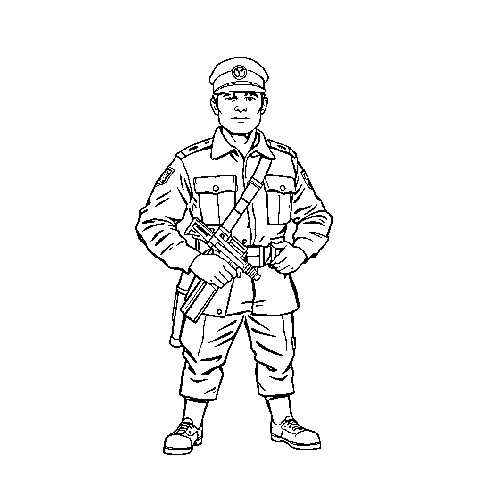 Army Man Standing Tall in Uniform Coloring Page (free black-and-white line drawing printable PDF for all, from beginners to advanced learners, including children, teens, adults, and seniors)