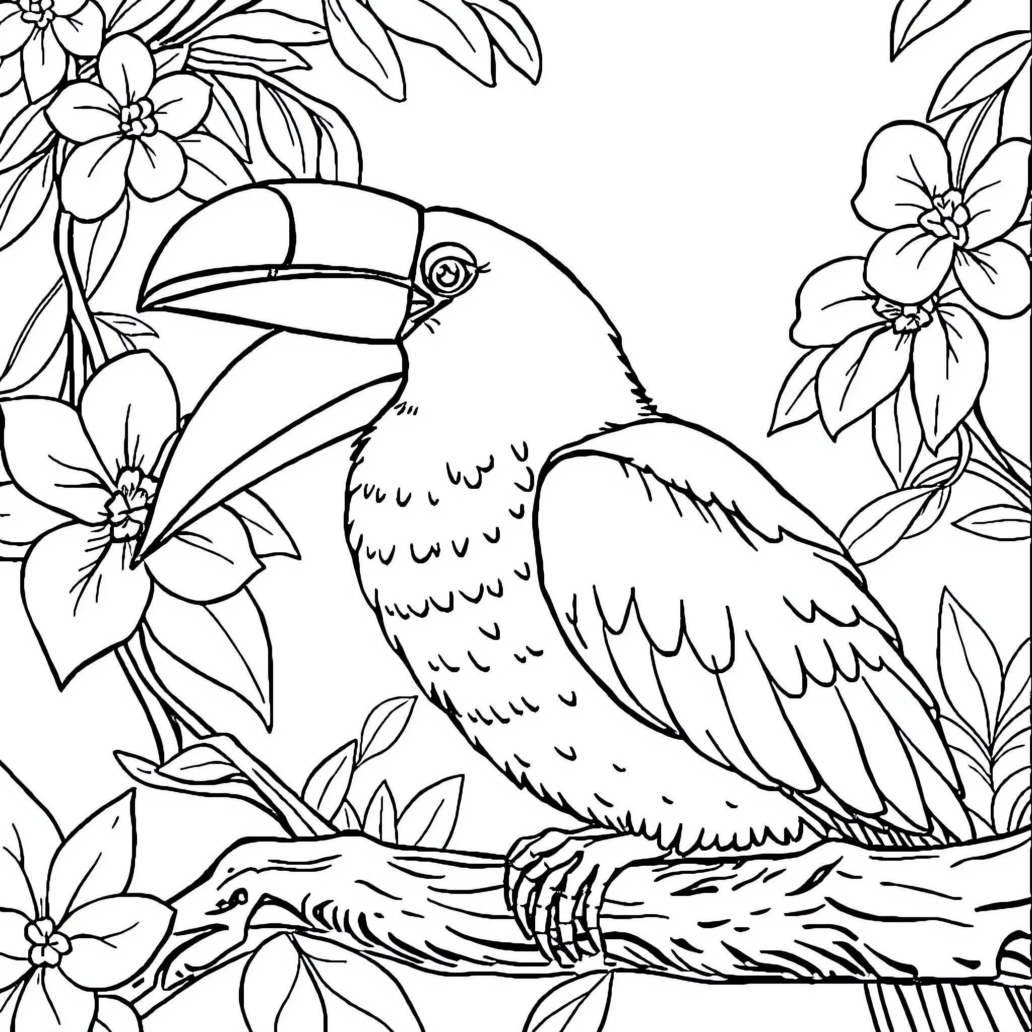 Animal with large beak surrounded by flowers Coloring Page (free black-and-white line drawing printable PDF for all, from beginners to advanced learners, including children, teens, adults, and seniors)