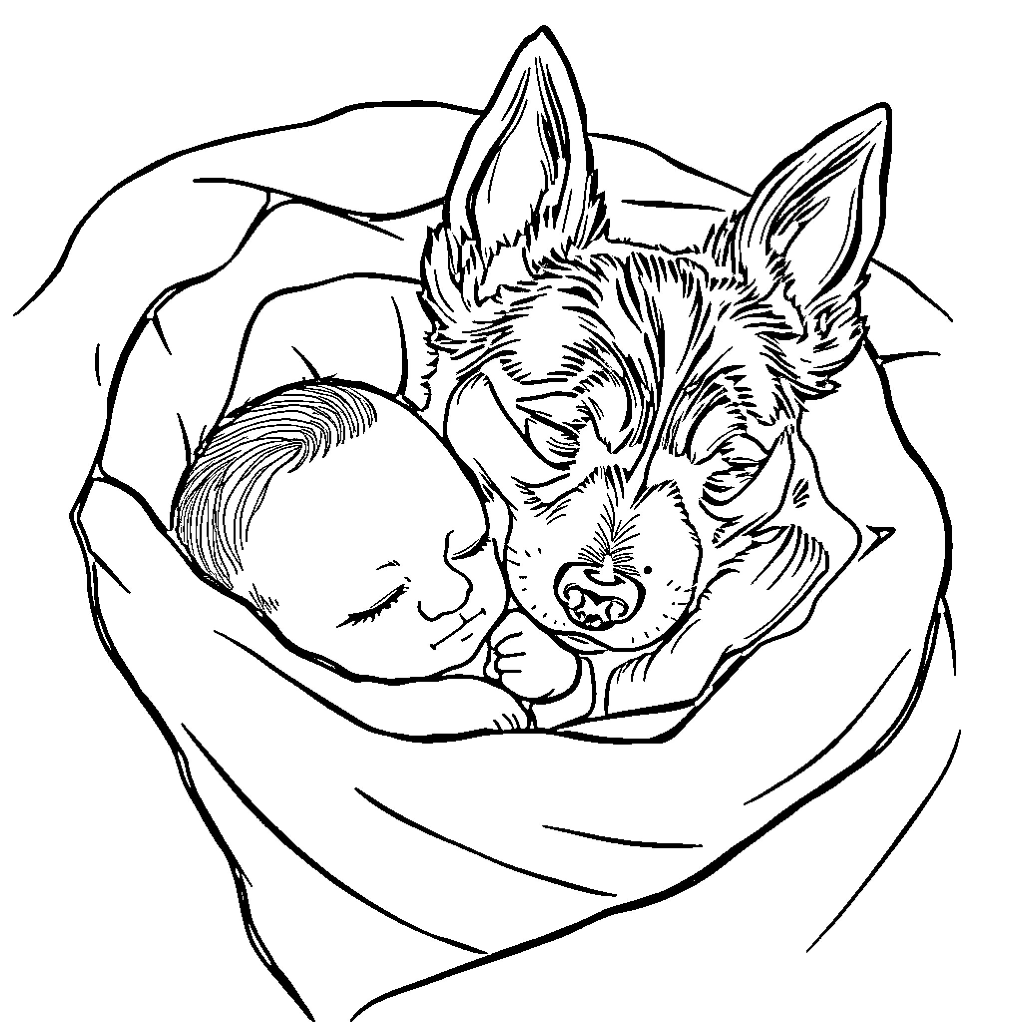 Dog cuddling a sleeping human in a cozy blanket Coloring Page (free black-and-white line drawing printable PDF for all, from beginners to advanced learners, including children, teens, adults, and seniors)