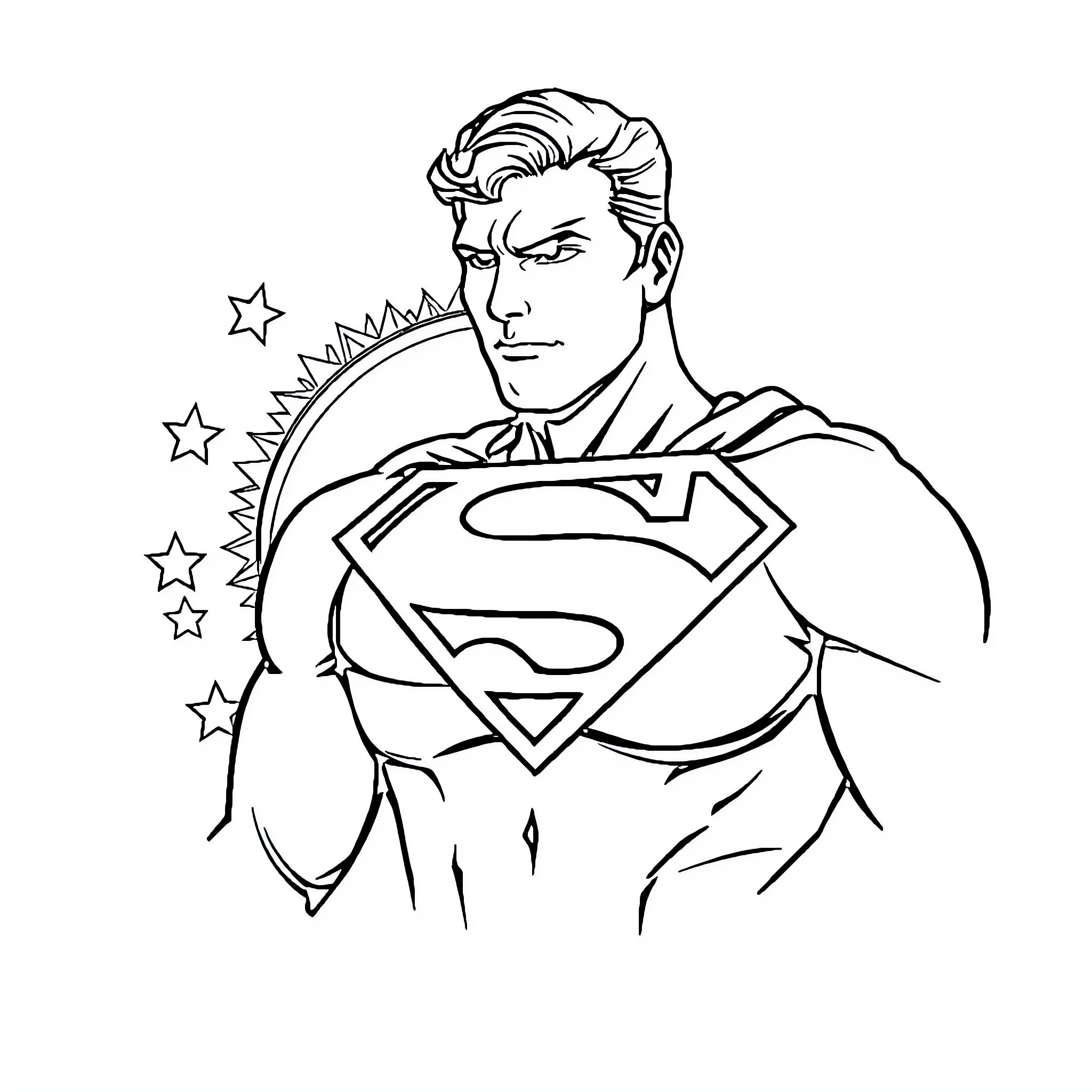Superman standing heroically with determination Coloring Page (free black-and-white line drawing printable PDF for all, from beginners to advanced learners, including children, teens, adults, and seniors)