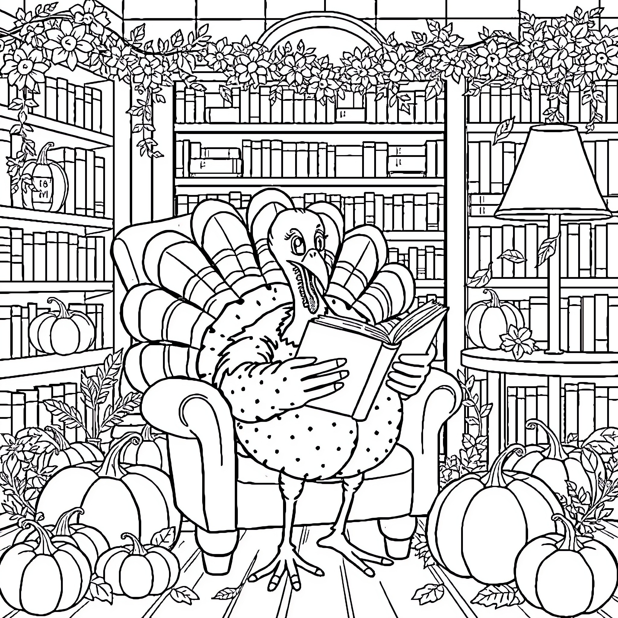 Turkey enjoying a book in a cozy autumn setting Coloring Page (free black-and-white line drawing printable PDF for all, from beginners to advanced learners, including children, teens, adults, and seniors)