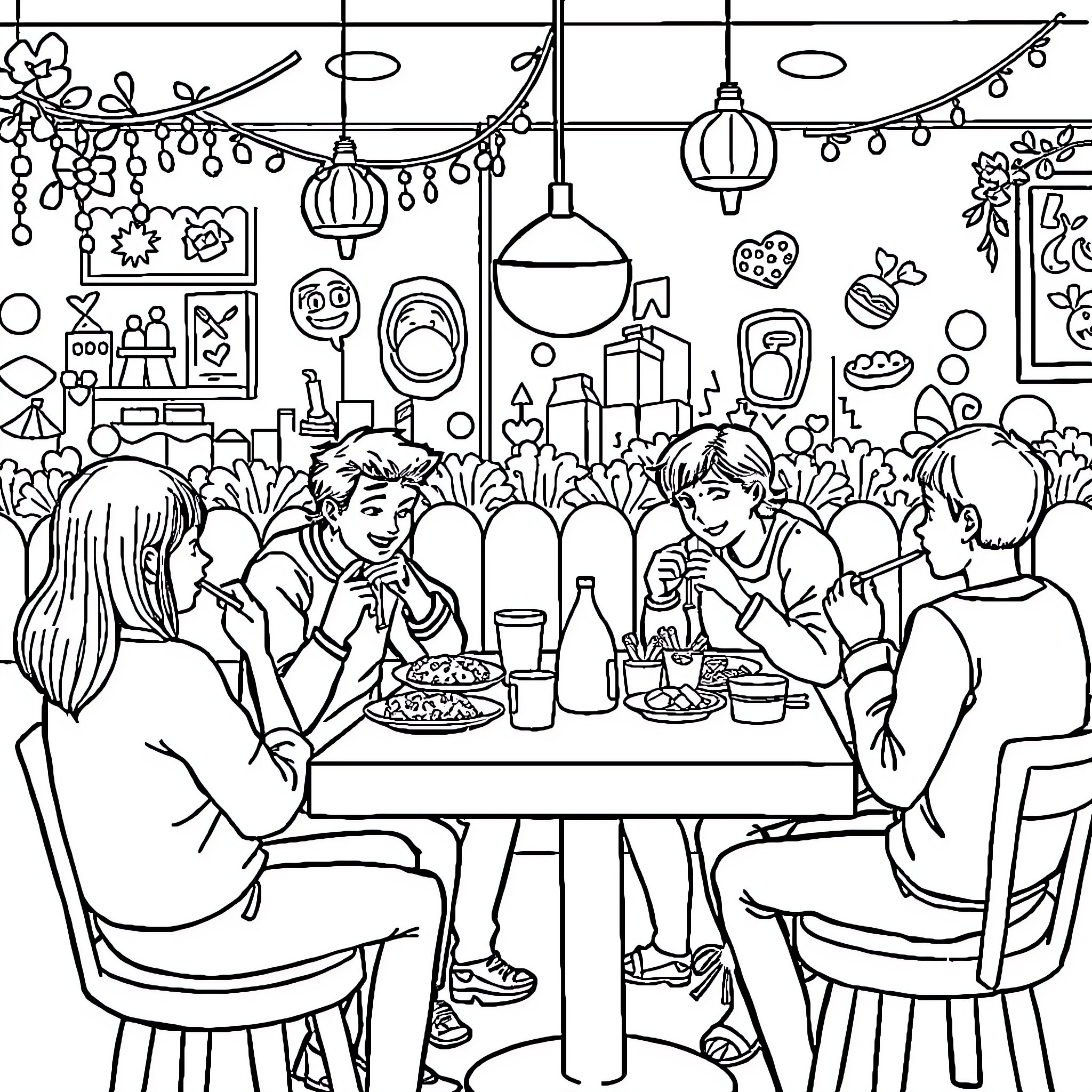 Gene's Gathering: Friends Enjoying a Lively Celebration Coloring Page (free black-and-white line drawing printable PDF for all, from beginners to advanced learners, including children, teens, adults, and seniors)