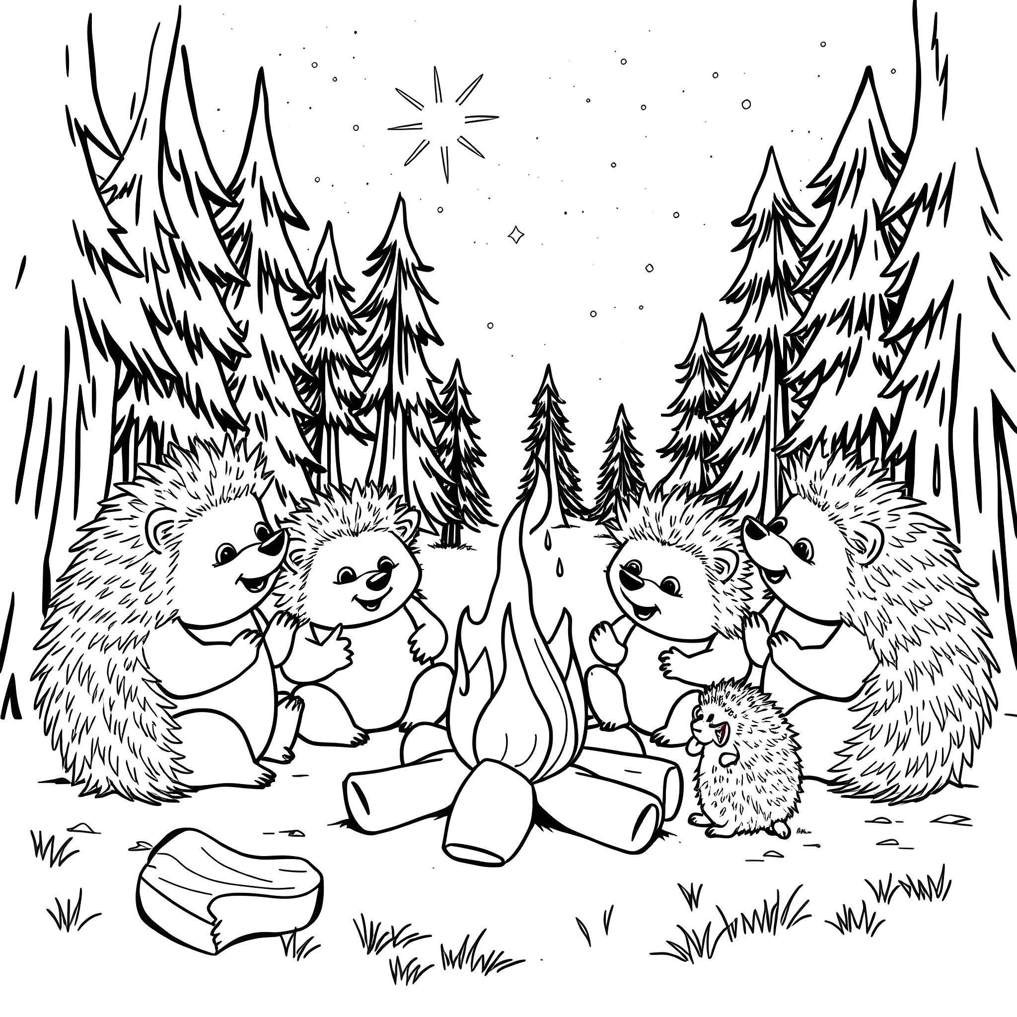 Hedgehogs enjoying a cozy campfire in the forest Coloring Page (free black-and-white line drawing printable PDF for all, from beginners to advanced learners, including children, teens, adults, and seniors)