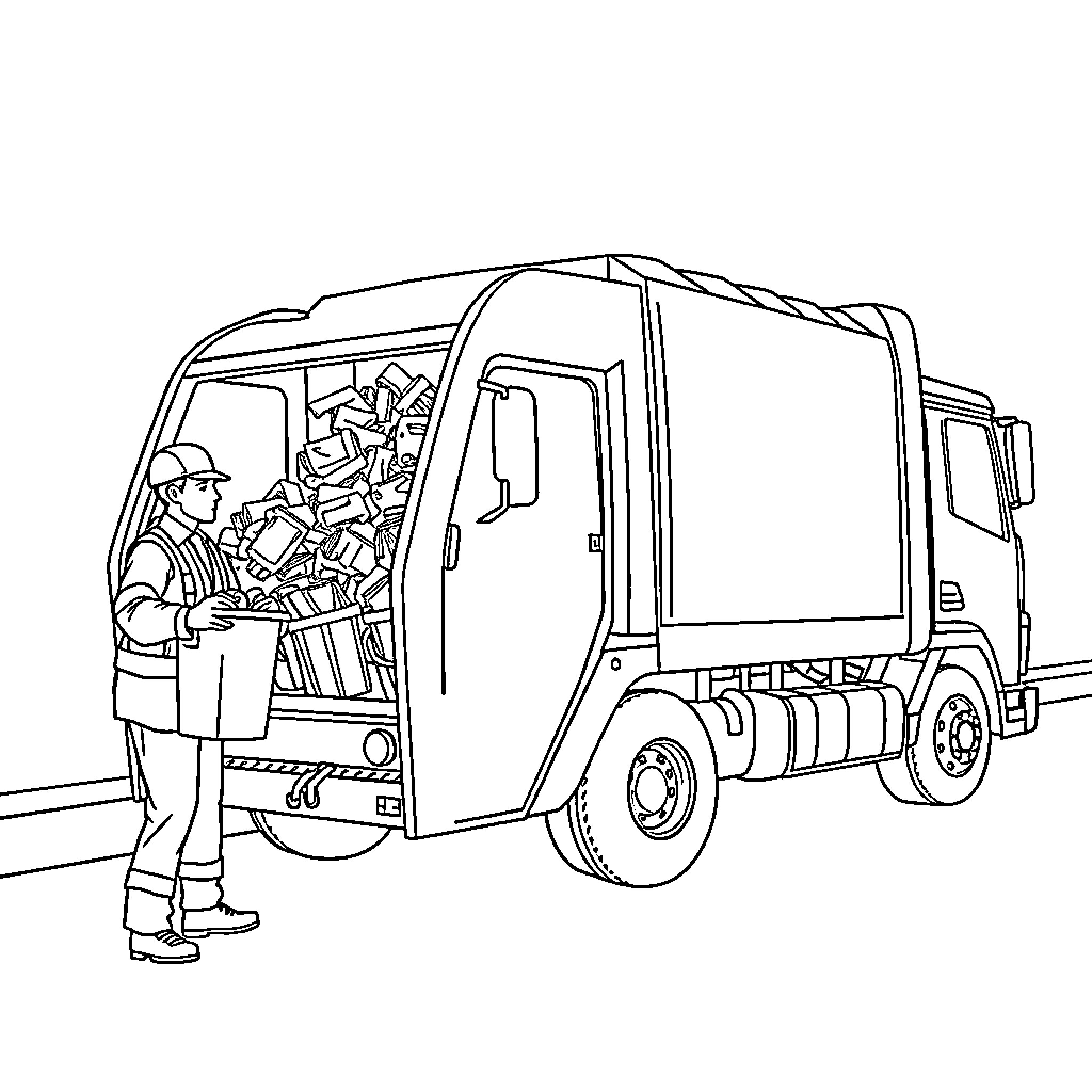 Garbage Truck Collecting Waste with Worker Coloring Page (free black-and-white line drawing printable PDF for all, from beginners to advanced learners, including children, teens, adults, and seniors)