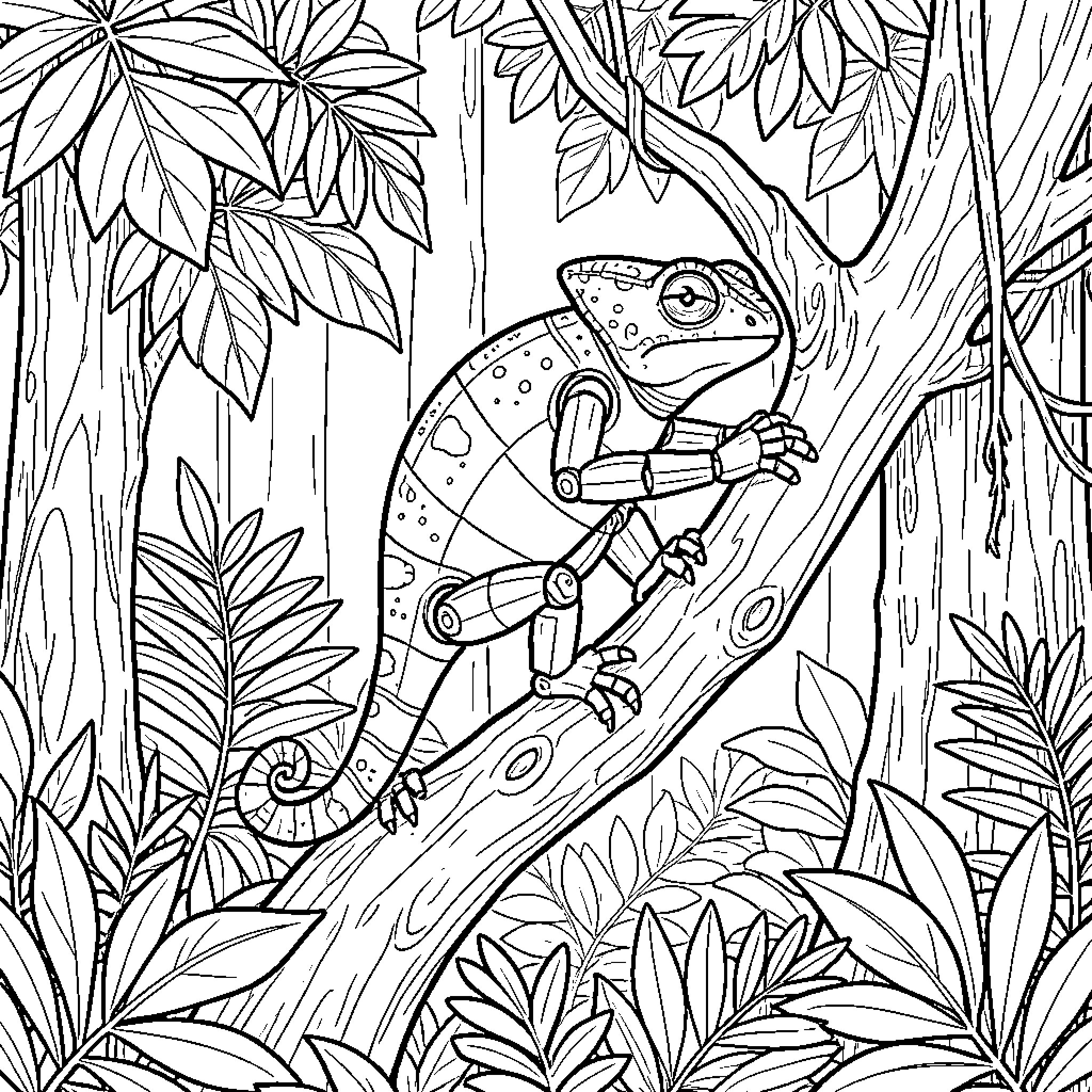 Robot chameleon climbing a branch in the jungle Coloring Page (free black-and-white line drawing printable PDF for all, from beginners to advanced learners, including children, teens, adults, and seniors)