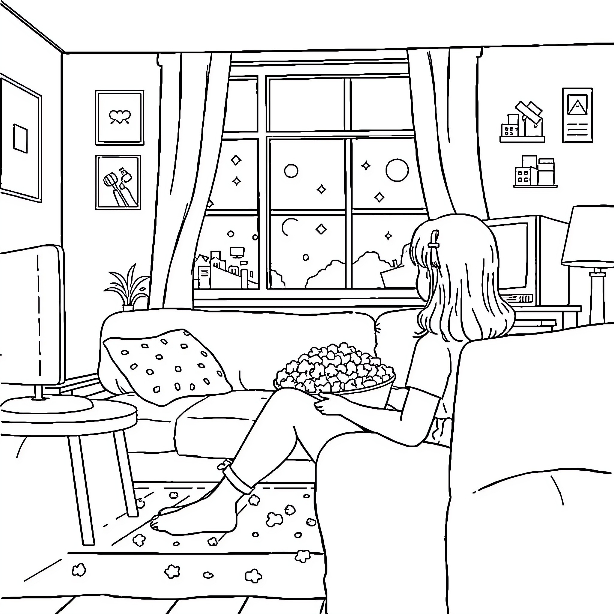 Girl relaxing on the couch with popcorn Coloring Page (free black-and-white line drawing printable PDF for all, from beginners to advanced learners, including children, teens, adults, and seniors)