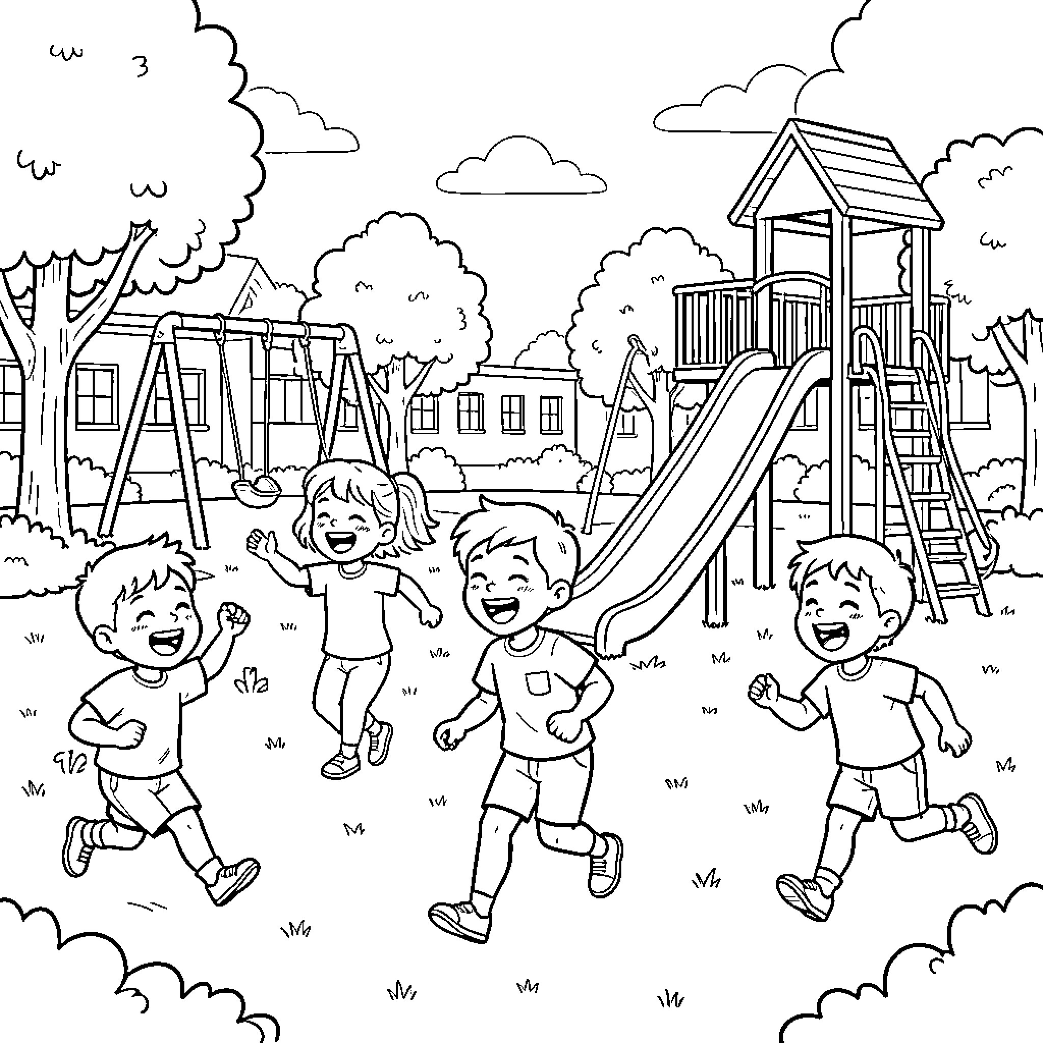 Child running and laughing joyfully at a playground Coloring Page (free black-and-white line drawing printable PDF for all, from beginners to advanced learners, including children, teens, adults, and seniors)