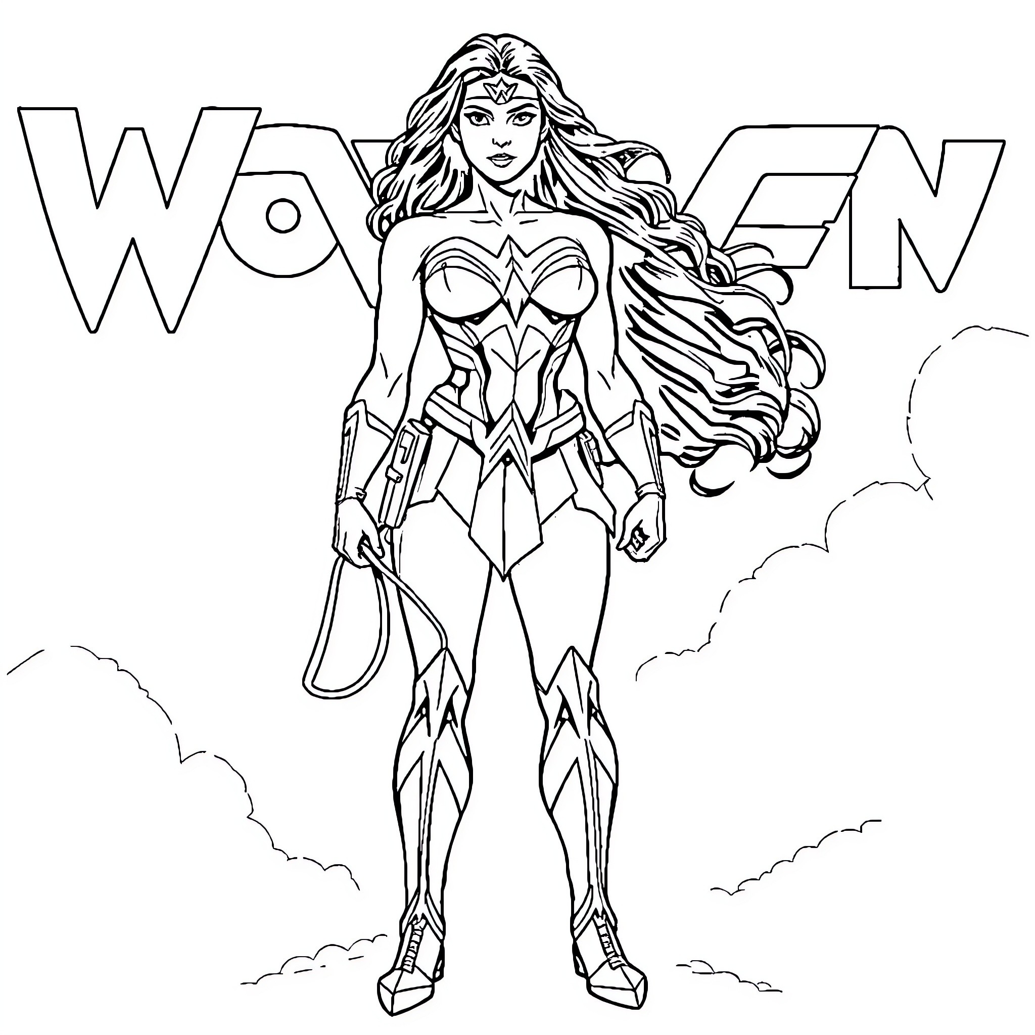 Wonder Woman in action stance with heroic attire Coloring Page (free black-and-white line drawing printable PDF for all, from beginners to advanced learners, including children, teens, adults, and seniors)