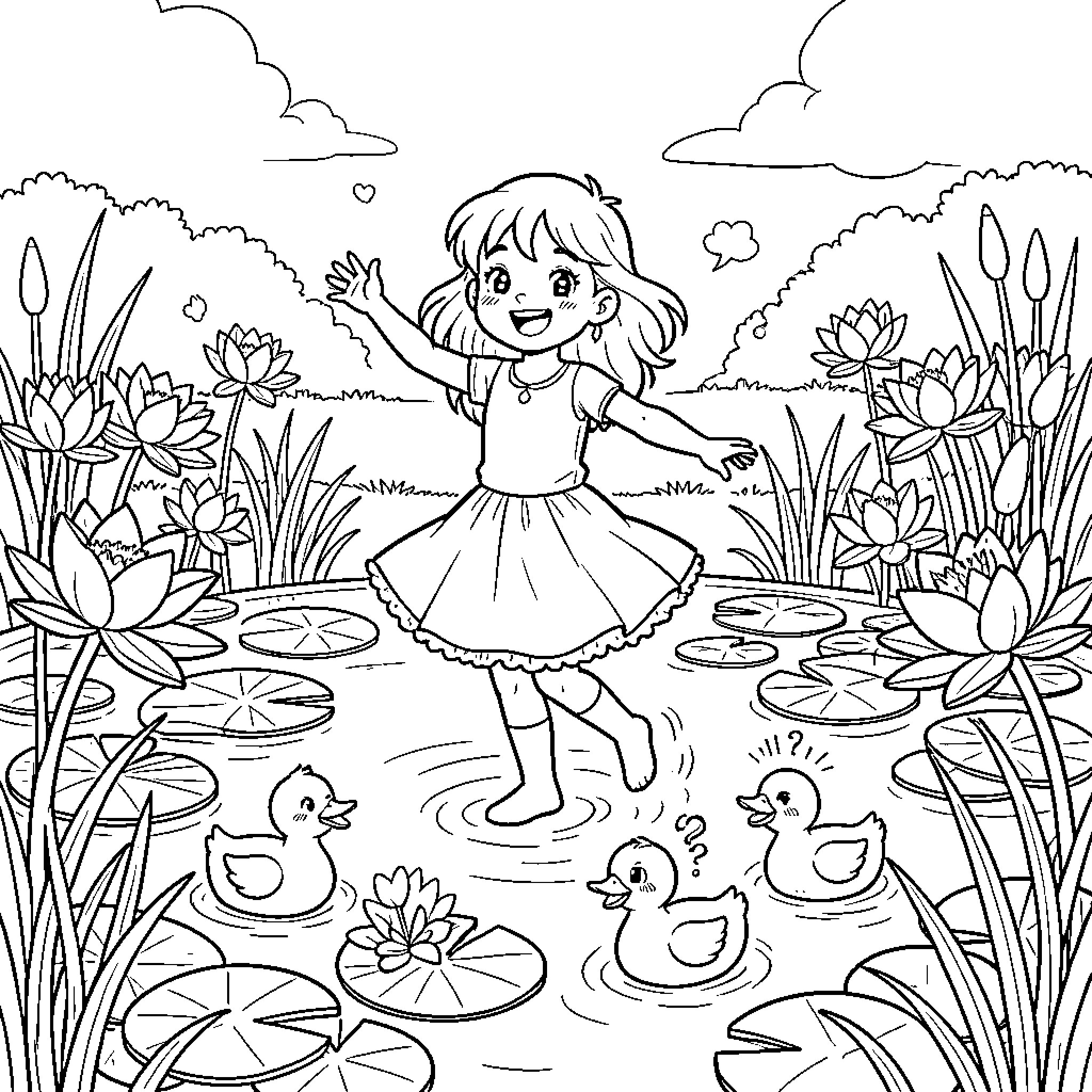 Girl exploring a lush pond with ducklings Coloring Page (free black-and-white line drawing printable PDF for all, from beginners to advanced learners, including children, teens, adults, and seniors)