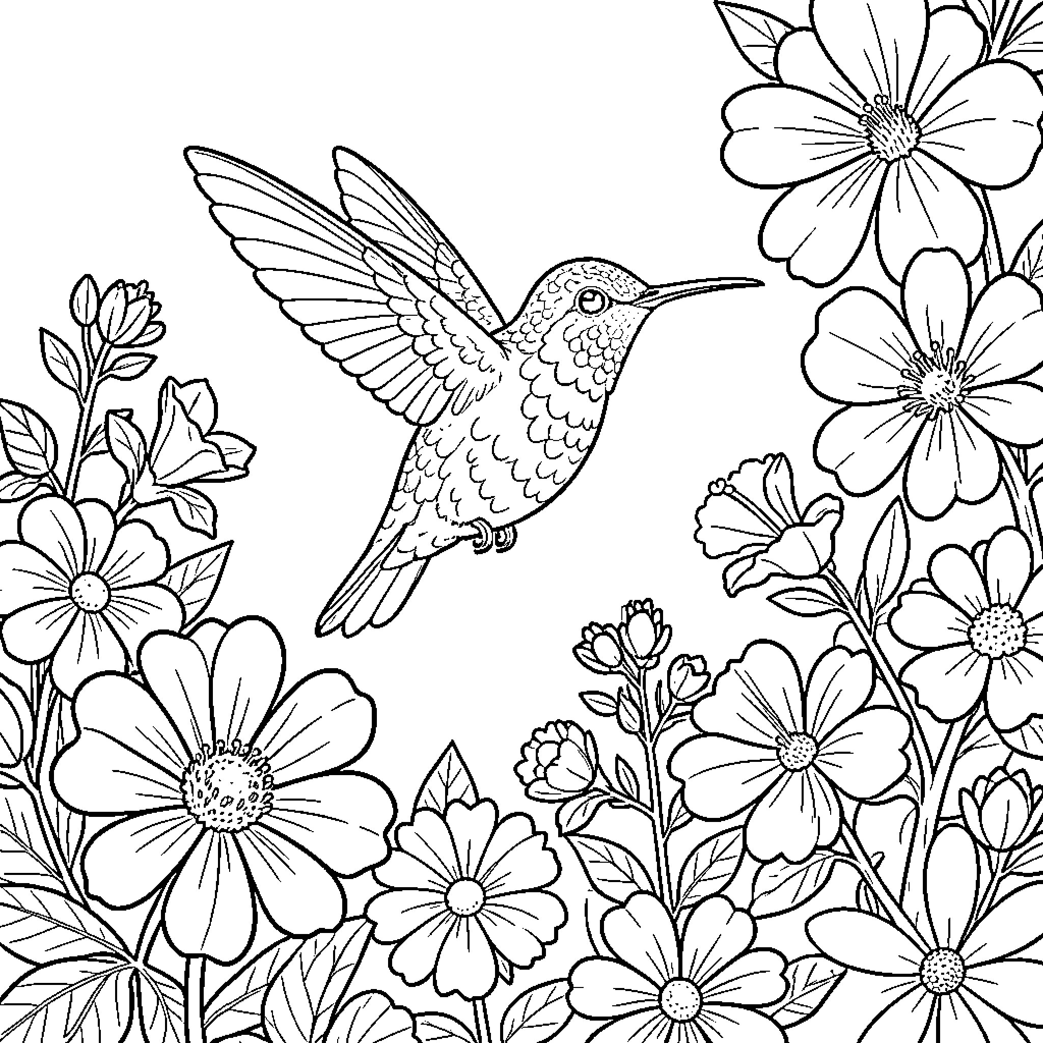 Hummingbird hovering among blooming flowers Coloring Page (free black-and-white line drawing printable PDF for all, from beginners to advanced learners, including children, teens, adults, and seniors)