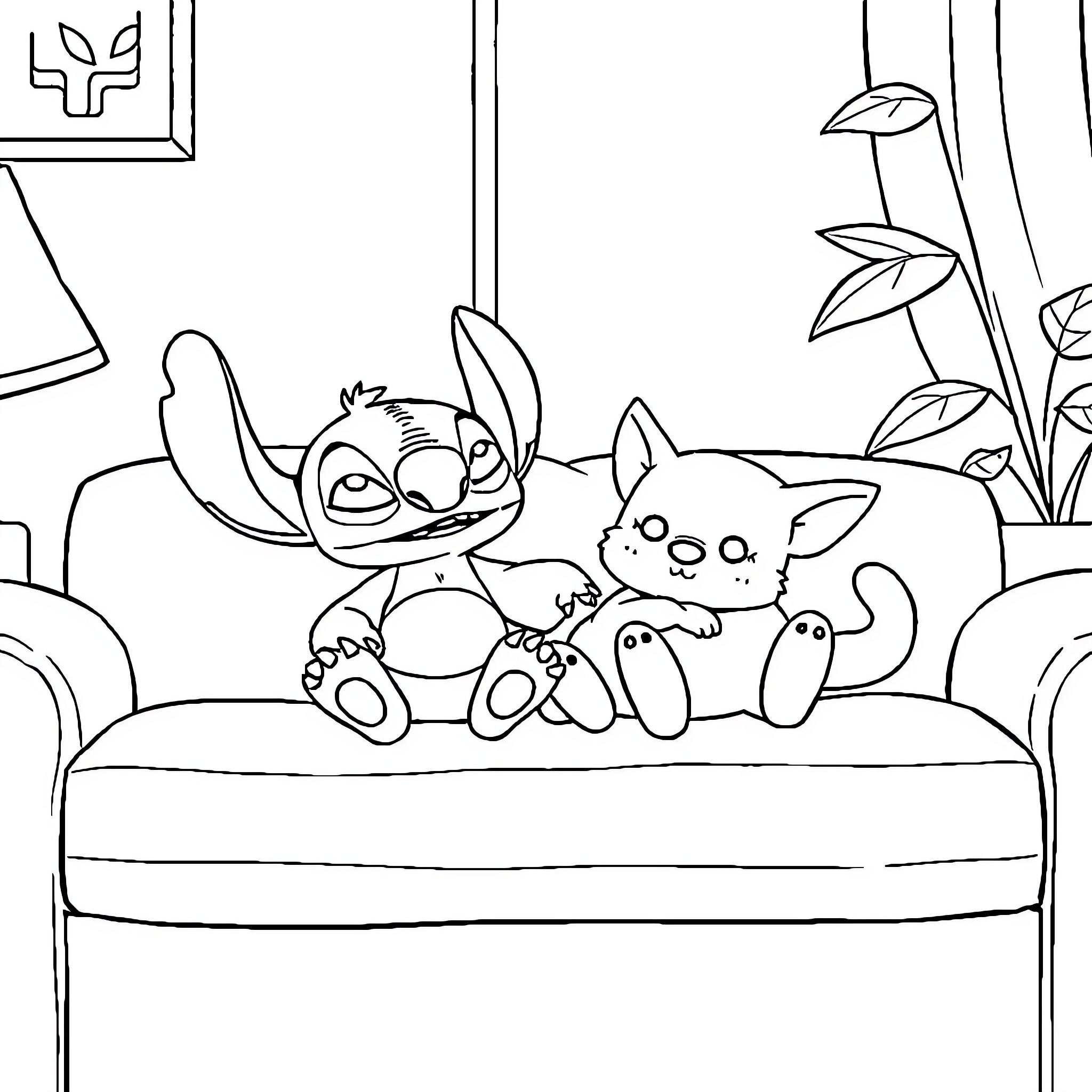 Stitch and Friends Snuggling on the Couch Coloring Page (free black-and-white line drawing printable PDF for all, from beginners to advanced learners, including children, teens, adults, and seniors)